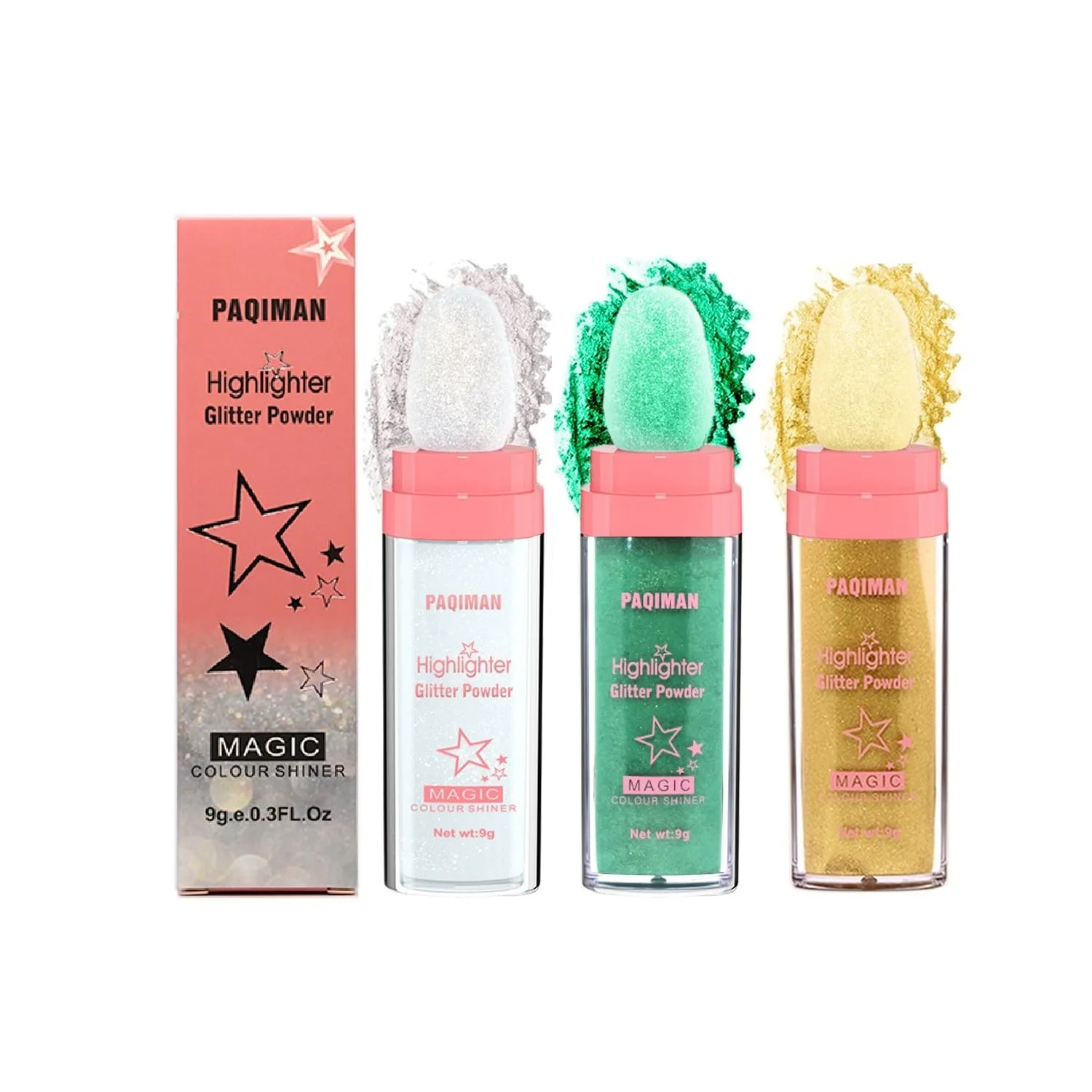 3 Color Glitter Powder Highlighter Makeup, Body Brightens the Natural Three-dimensional Face Blusher Patting Powder Highlighter. (01-White moonbeam&04-Green& 05-Gold)