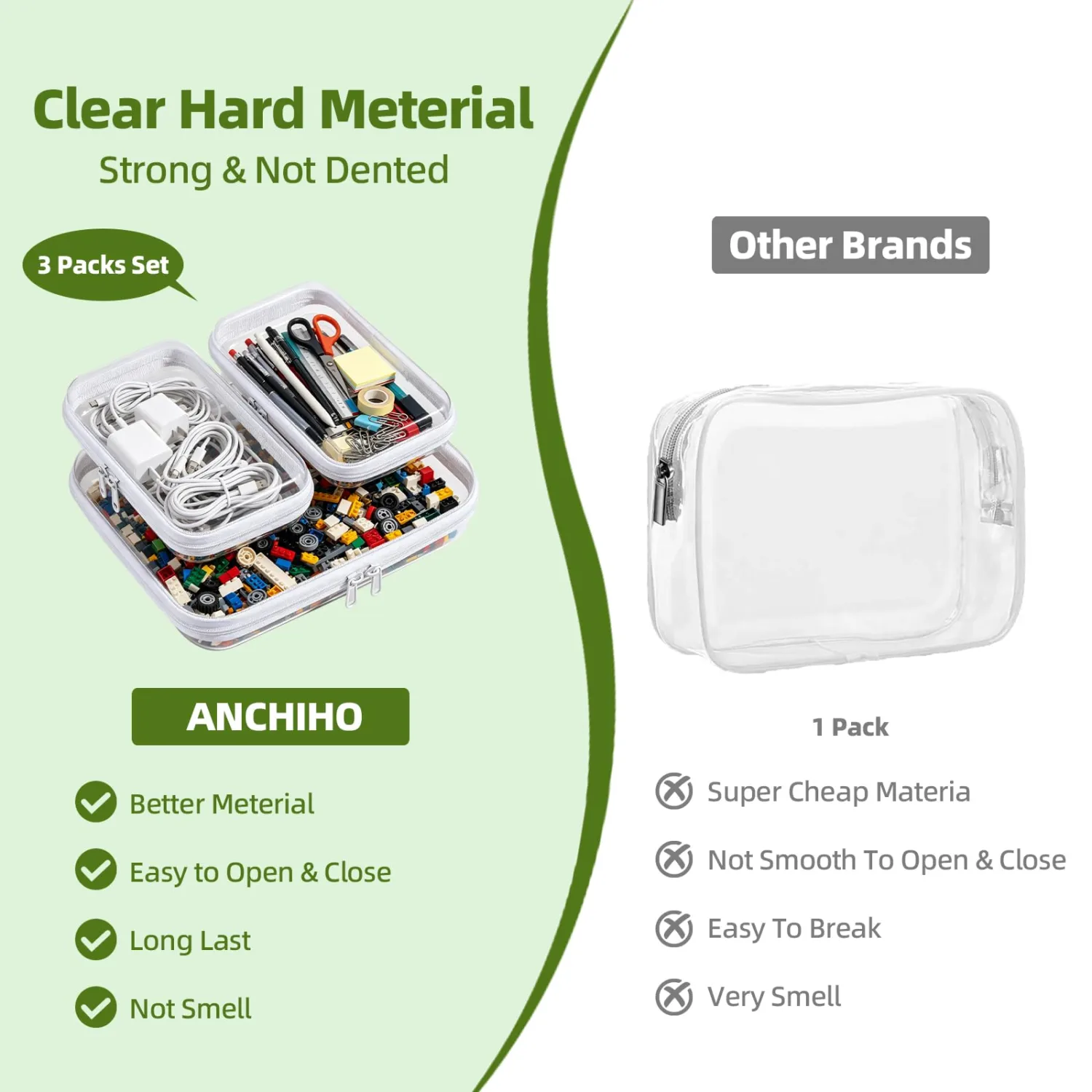 3 pcs Hard Shell Zipper Case, Pencil Case, Clear Zipper Pouches