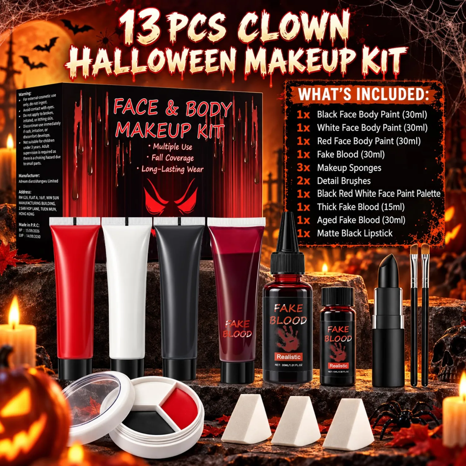 Halloween Special Effects Clown Vampire Face Makeup Kit with Fake Blood
