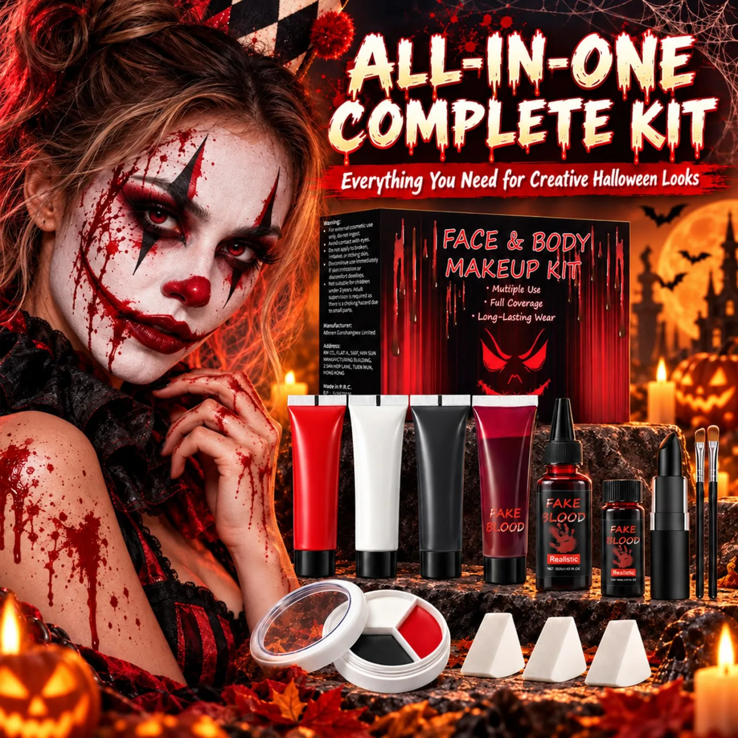 Halloween Special Effects Clown Vampire Face Makeup Kit with Fake Blood