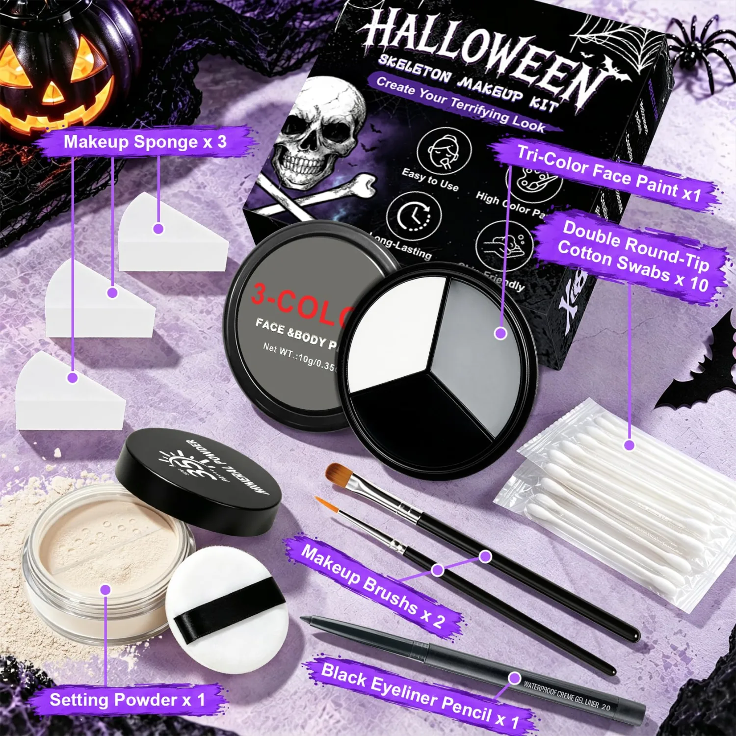 Halloween Skeleton Makeup Kit for Adults & Kid, Oil Based Face Body Paint