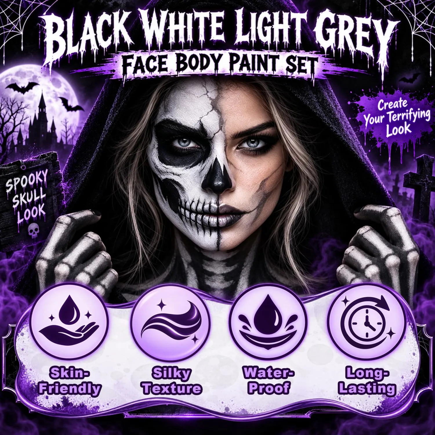 Halloween Skeleton Makeup Kit for Adults & Kid, Oil Based Face Body Paint