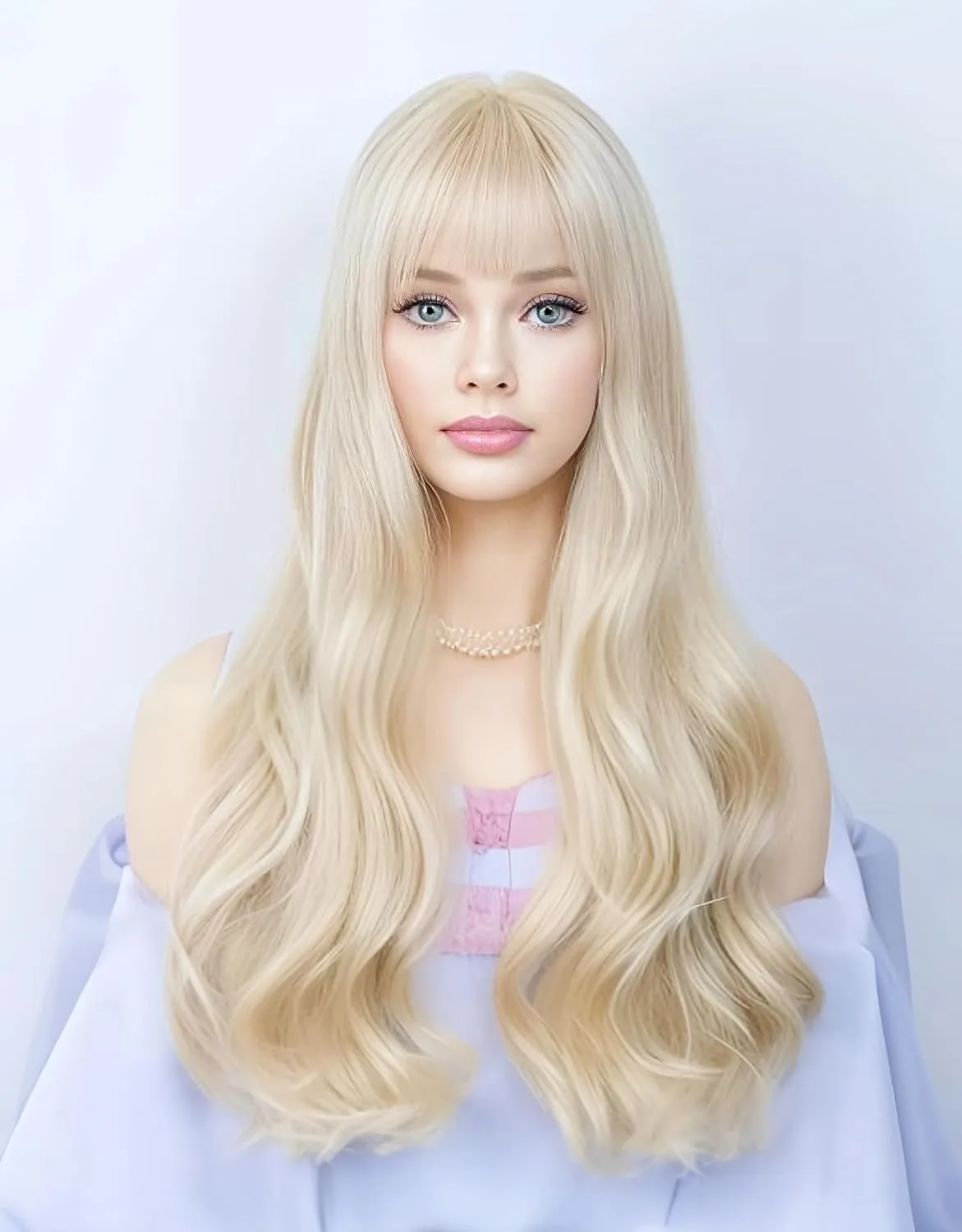 PORSMEER Blonde Wig Long Blonde Wavy Wig with Bangs for Women – Ideal for Fancy Dress Cosplay & Anime | Compatible with Barbe Accessories Wig