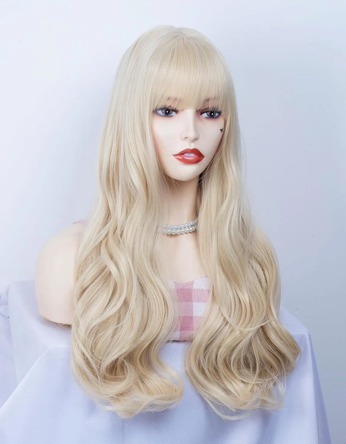PORSMEER Blonde Wig Long Blonde Wavy Wig with Bangs for Women – Ideal for Fancy Dress Cosplay & Anime | Compatible with Barbe Accessories Wig