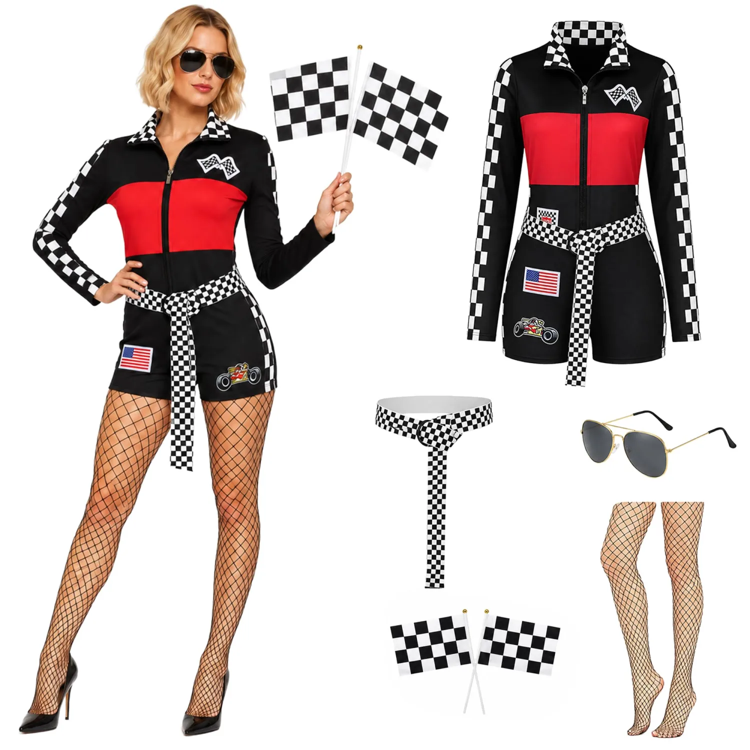CICOCI Womens Race Car Driver Costume 6-Piece Racing Romper Set