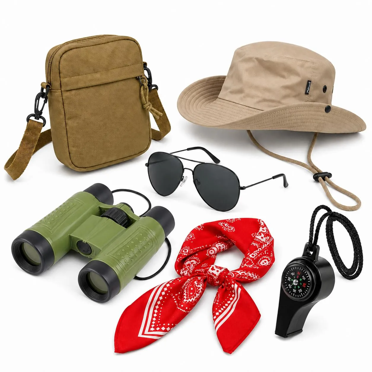 Safari Costume Adults, 6 PCS Zoo Keeper Costume Explorer Outfit Accessories Includes Safari Hat, Red Bandana, Camouflage Binoculars, Sunglasses, Crossbody Bag, Compass Whistle for Halloween Cosplay