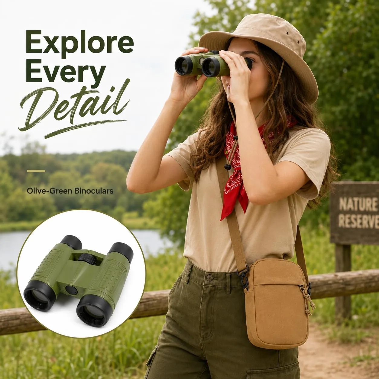 Safari Costume Adults, 6 PCS Zoo Keeper Costume Explorer Outfit Accessories Includes Safari Hat, Red Bandana, Camouflage Binoculars, Sunglasses, Crossbody Bag, Compass Whistle for Halloween Cosplay