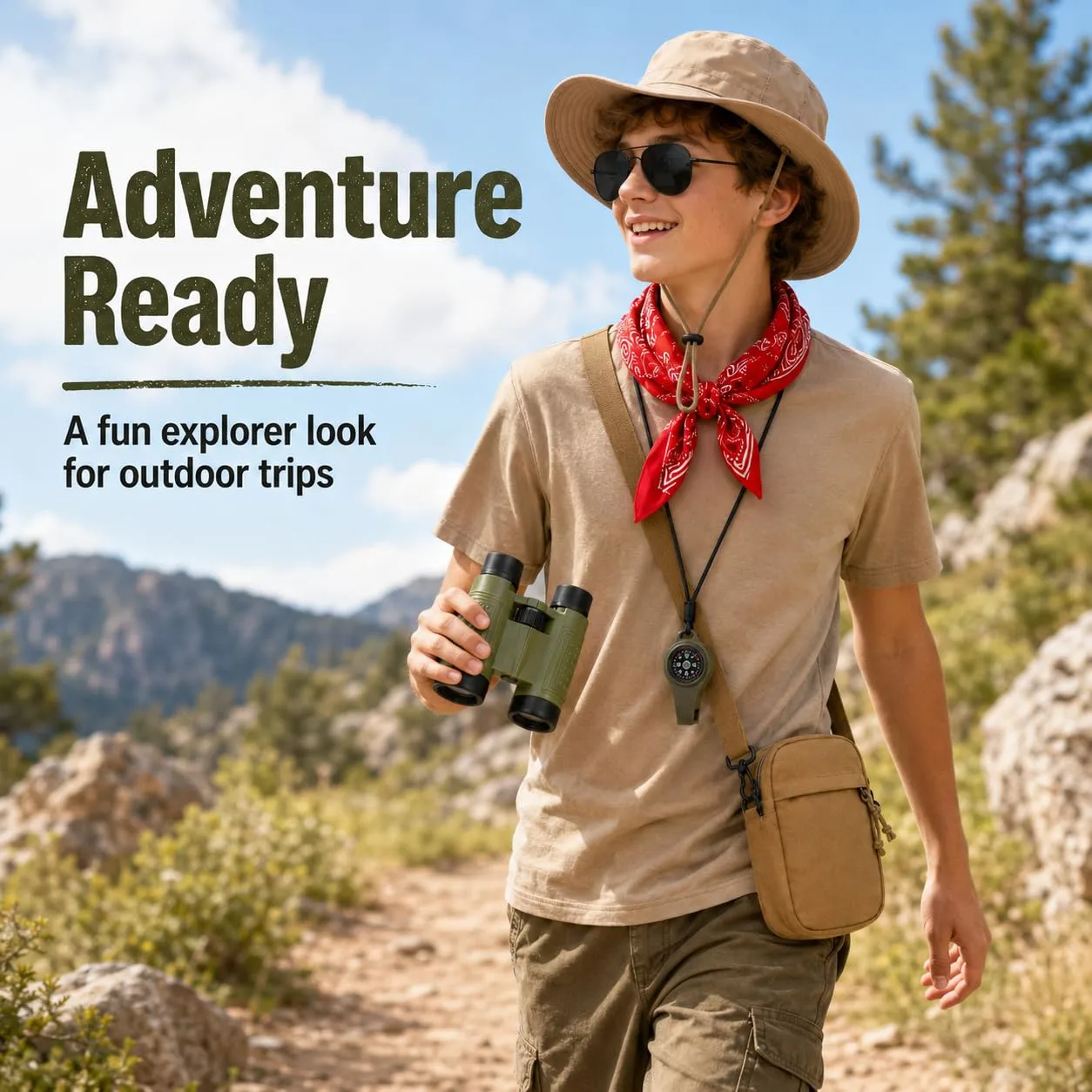 Safari Costume Adults, 6 PCS Zoo Keeper Costume Explorer Outfit Accessories Includes Safari Hat, Red Bandana, Camouflage Binoculars, Sunglasses, Crossbody Bag, Compass Whistle for Halloween Cosplay