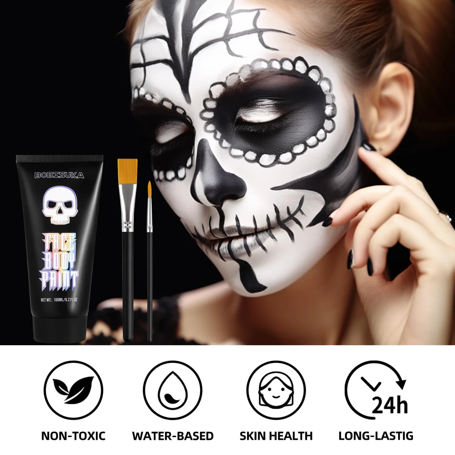 BOBISUKA White Cream Face Body Paint Large 5.2oz Volume with 2 Brushes