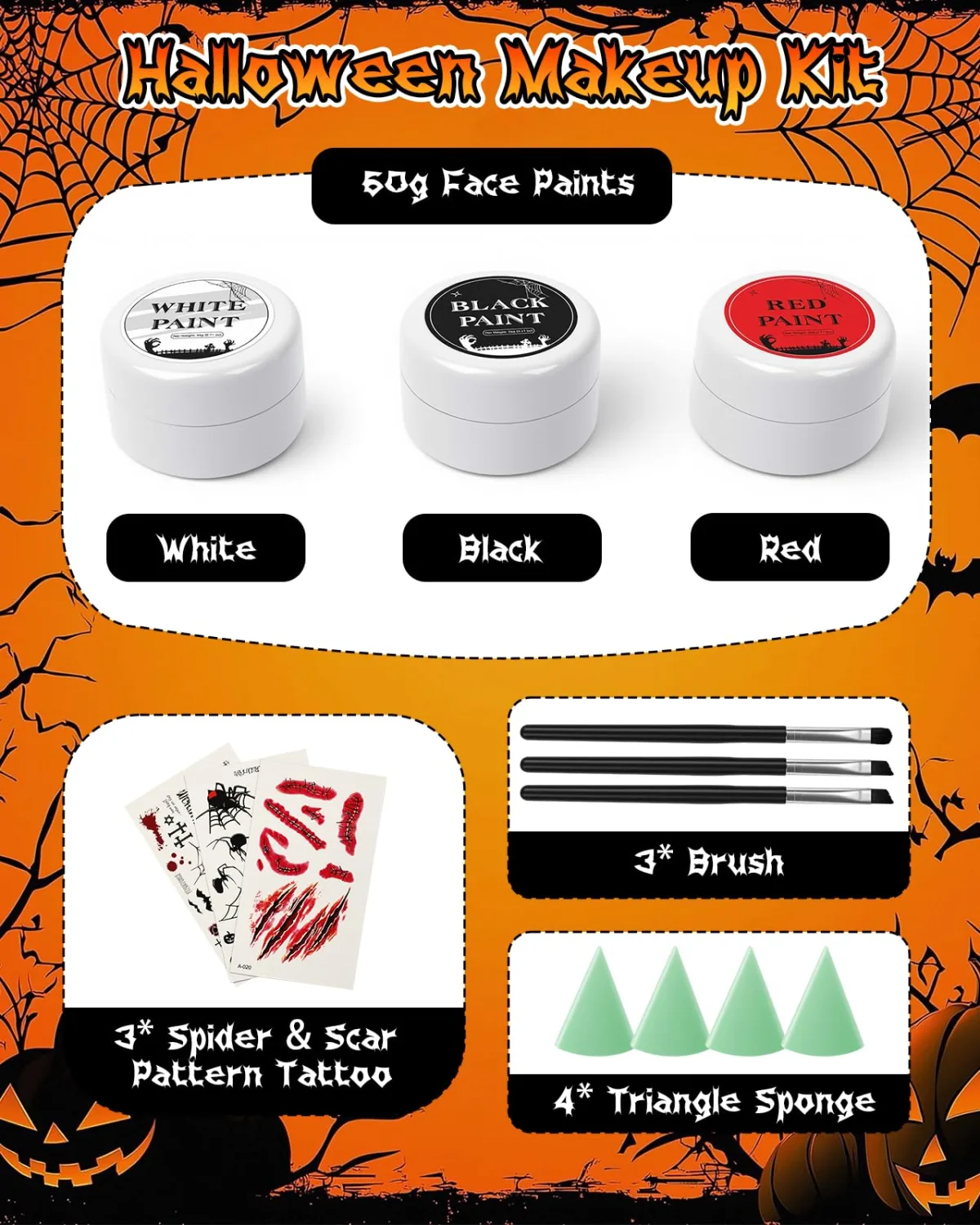 Halloween Effects Makeup Kit, 3 X 20g (0.7 oz) Red Black White Face Paint, Makeup with Tri-color Tattoo Stickers, Sponges, Brushes, Perfect for Halloween Zombie Vampire Skeleton