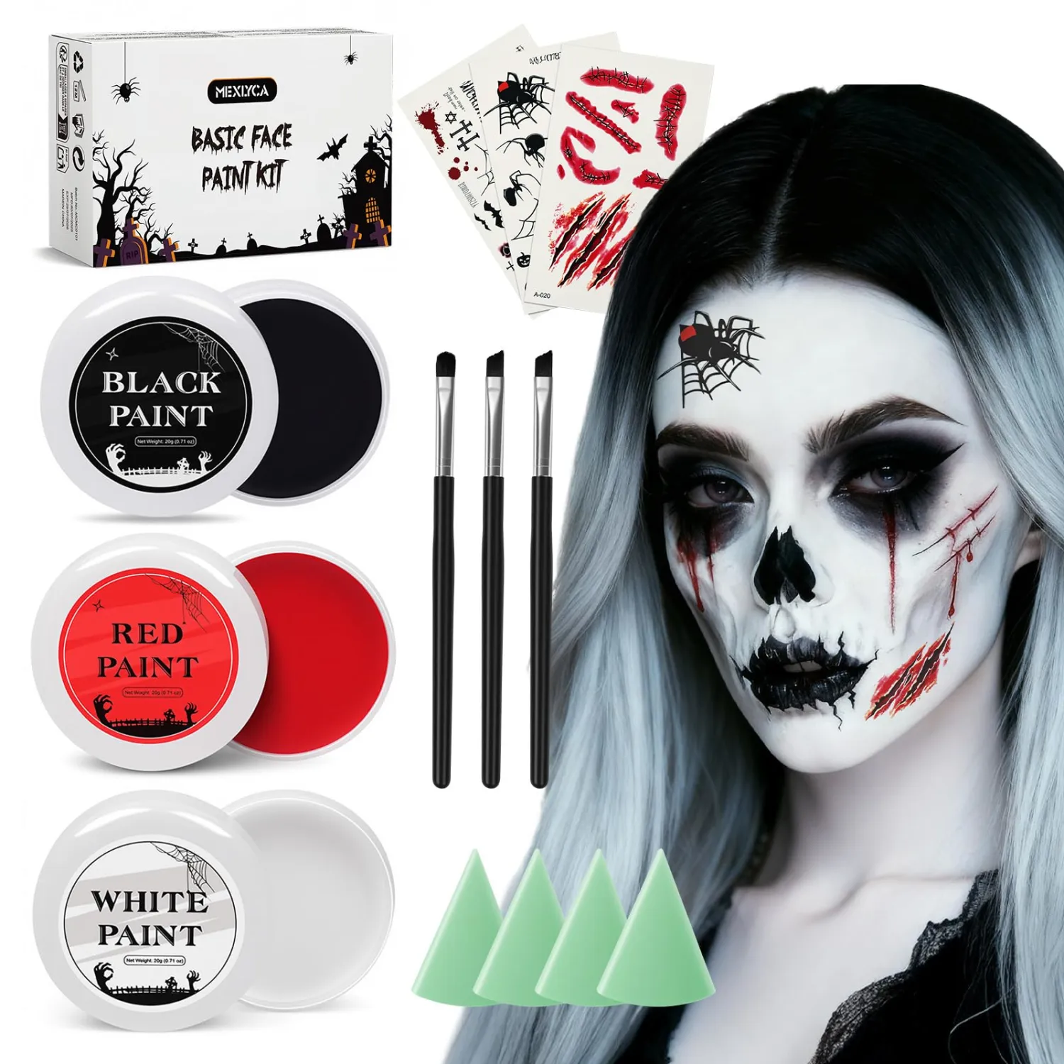 Halloween Effects Makeup Kit, 3 X 20g (0.7 oz) Red Black White Face Paint, Makeup with Tri-color Tattoo Stickers, Sponges, Brushes, Perfect for Halloween Zombie Vampire Skeleton