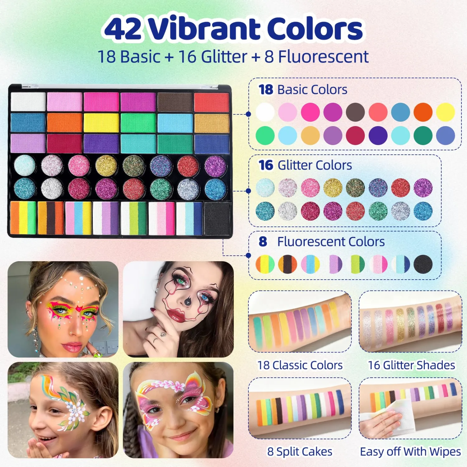 EBANKU 42Colors Face Paint Kit for Kids, Split Cake Glitter & UV Face Paint