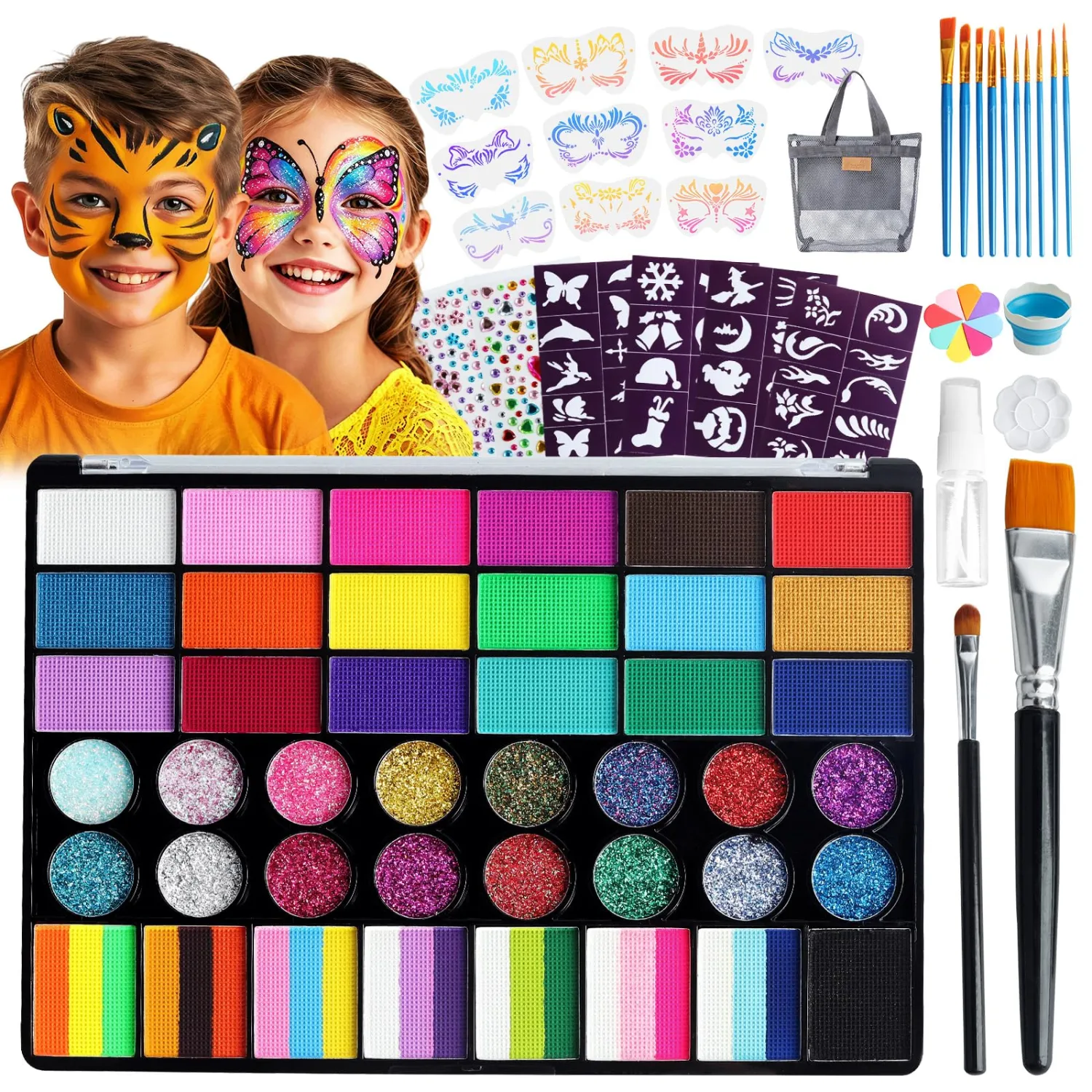 EBANKU 42Colors Face Paint Kit for Kids, Split Cake Glitter & UV Face Paint