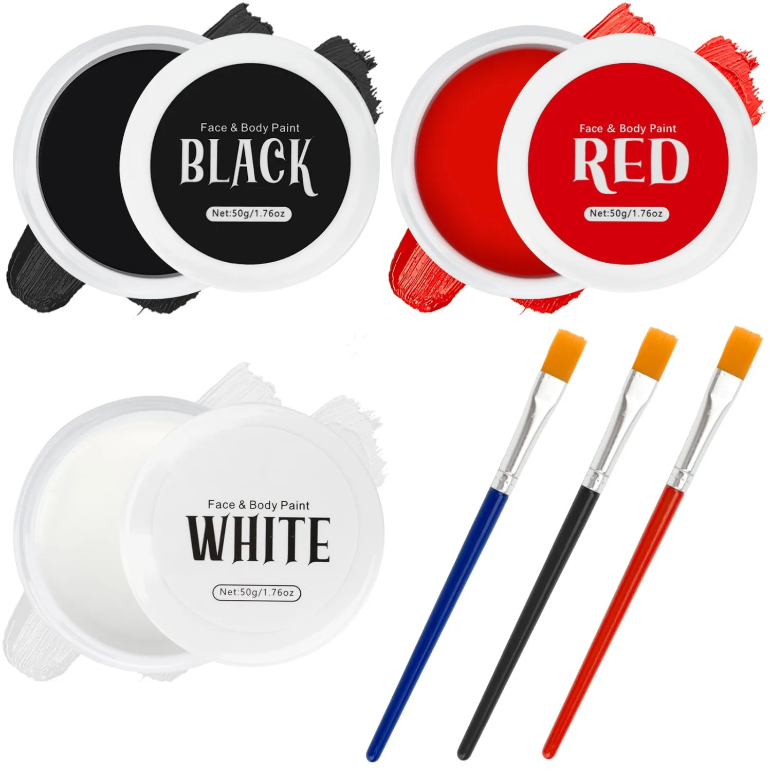 TonJin Black + White + Red Face Body Paint Set 5.28oz,Non-Toxic Professional Paint Palette Kit with 3 Brushes for Art Theater Halloween Party Cosplay Clown Corpse Paint SFX Makeup