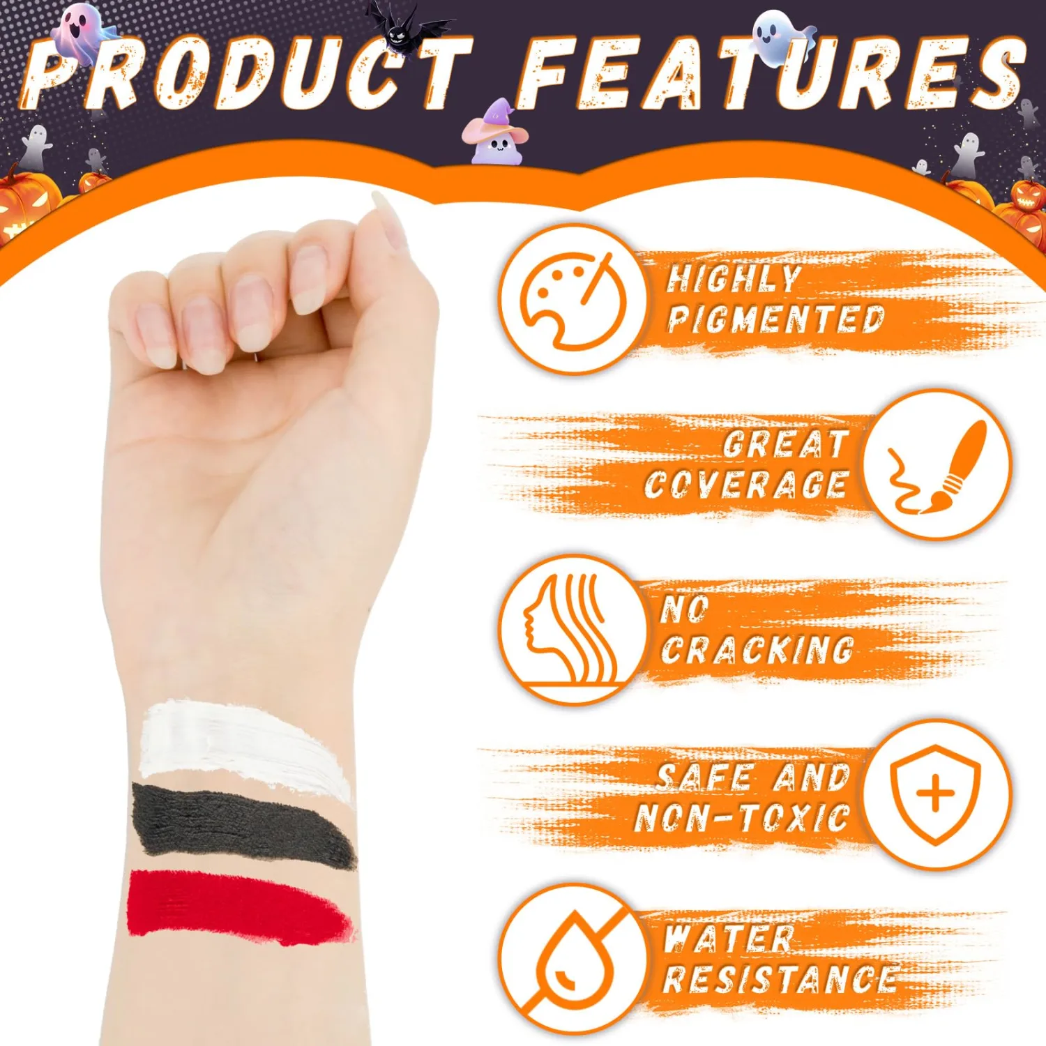 TonJin Black + White + Red Face Body Paint Set 5.28oz,Non-Toxic Professional Paint Palette Kit with 3 Brushes for Art Theater Halloween Party Cosplay Clown Corpse Paint SFX Makeup