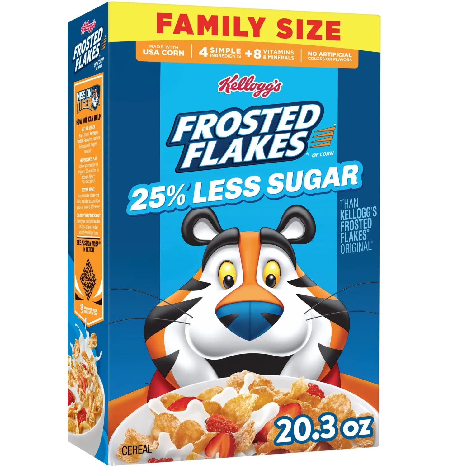 Kellogg's Frosted Flakes 25% Less Sugar Breakfast Cereal, Family Size, 20.3oz Box (1 Box)