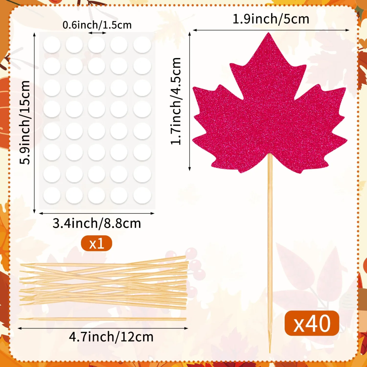 40 Pcs Glitter Fall Maple Leaf Cupcake Toppers Thanksgiving Cake Decor