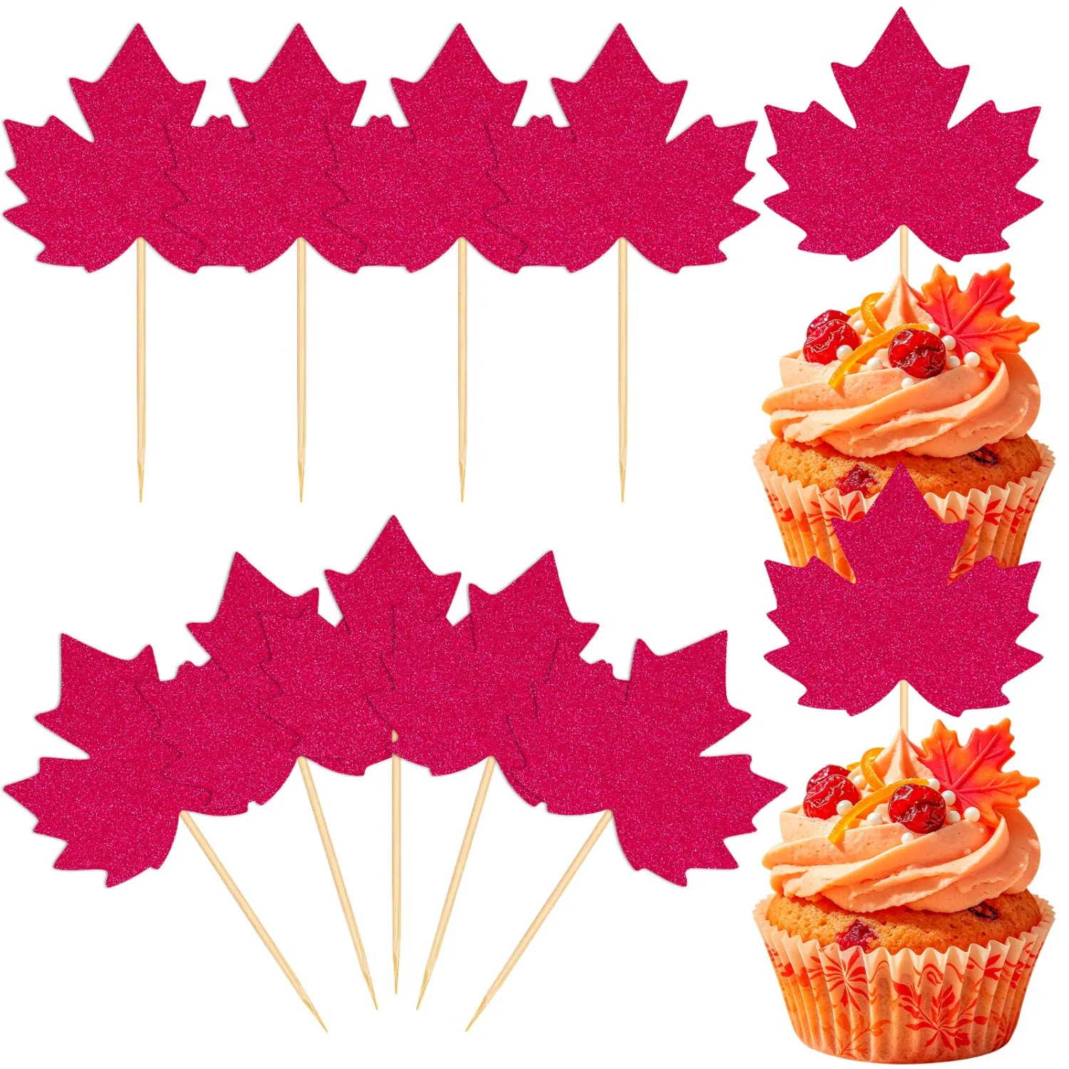 40 Pcs Glitter Fall Maple Leaf Cupcake Toppers Thanksgiving Cake Decor