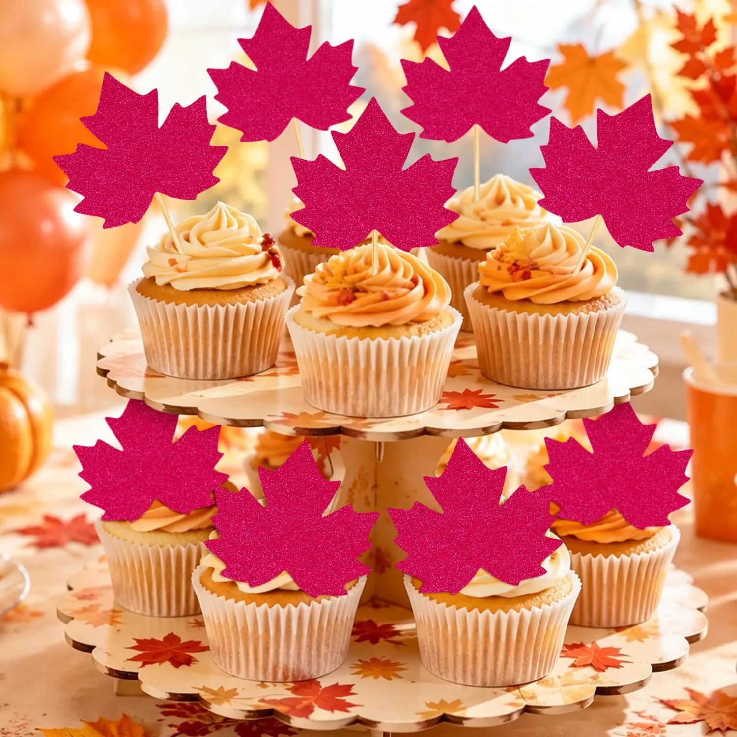 40 Pcs Glitter Fall Maple Leaf Cupcake Toppers Thanksgiving Cake Decor