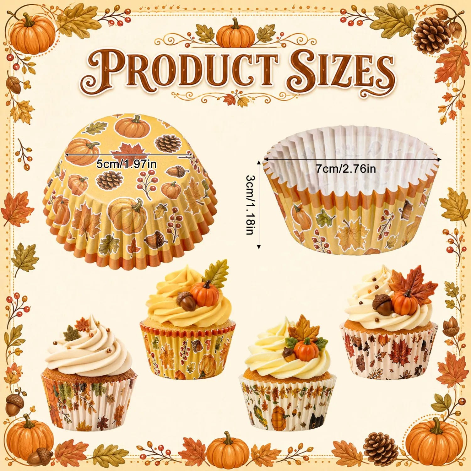 Fall Themed Cupcake Liners, Pumpkin Maple Turkey Pattern, 200 Count