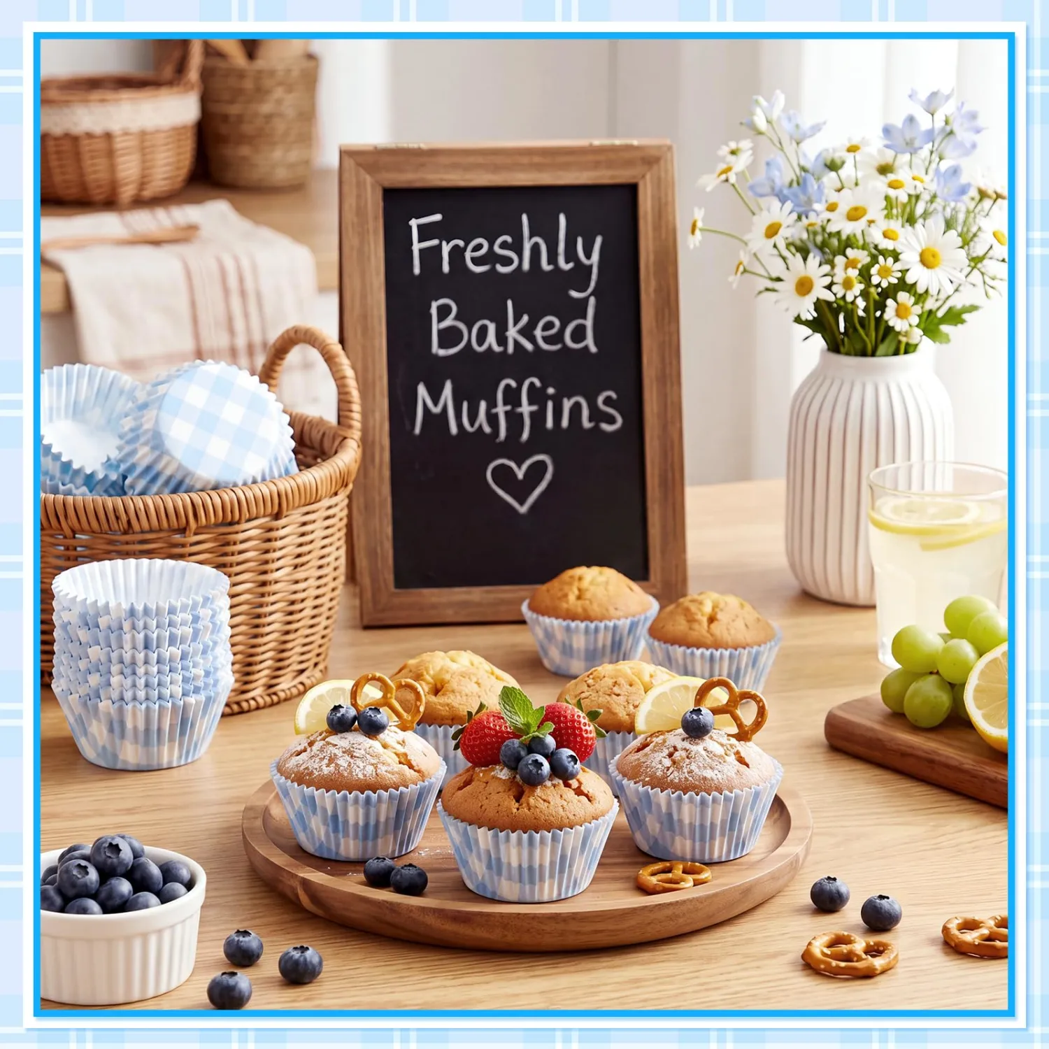 Havawish 100 Pcs Blue Plaid Cupcake Liners Paper Baking Cups for Muffins