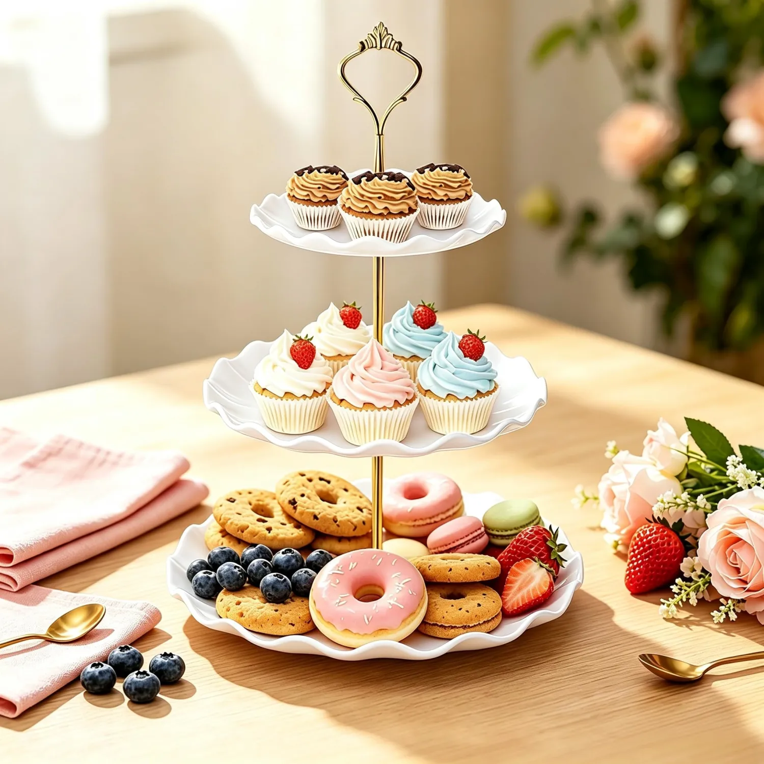 3-Tier White Plastic Cupcake Stand, Dessert Tray for Parties