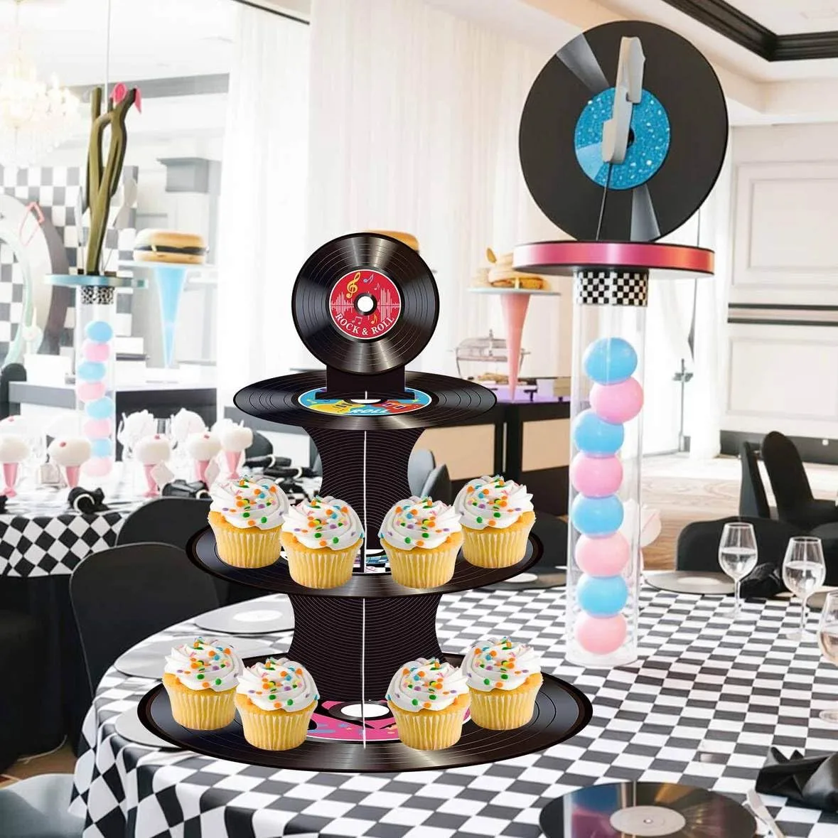 Zliisang 50's Rock and Roll Music Record Theme 3-Tier Cupcake Stand Retro Record Dessert Holder 1950's Theme Music Party Birthday Party Favor Supplies