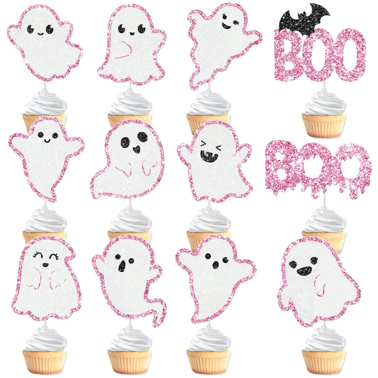24PCS Halloween Cupcake Toppers, Pink Glitter Boo Ghost Cake Topper for Halloween Party Decorations,Cupcake Picks Food Picks for Ghost Theme Birthday Baby Shower Cake Decorations Party Supplies