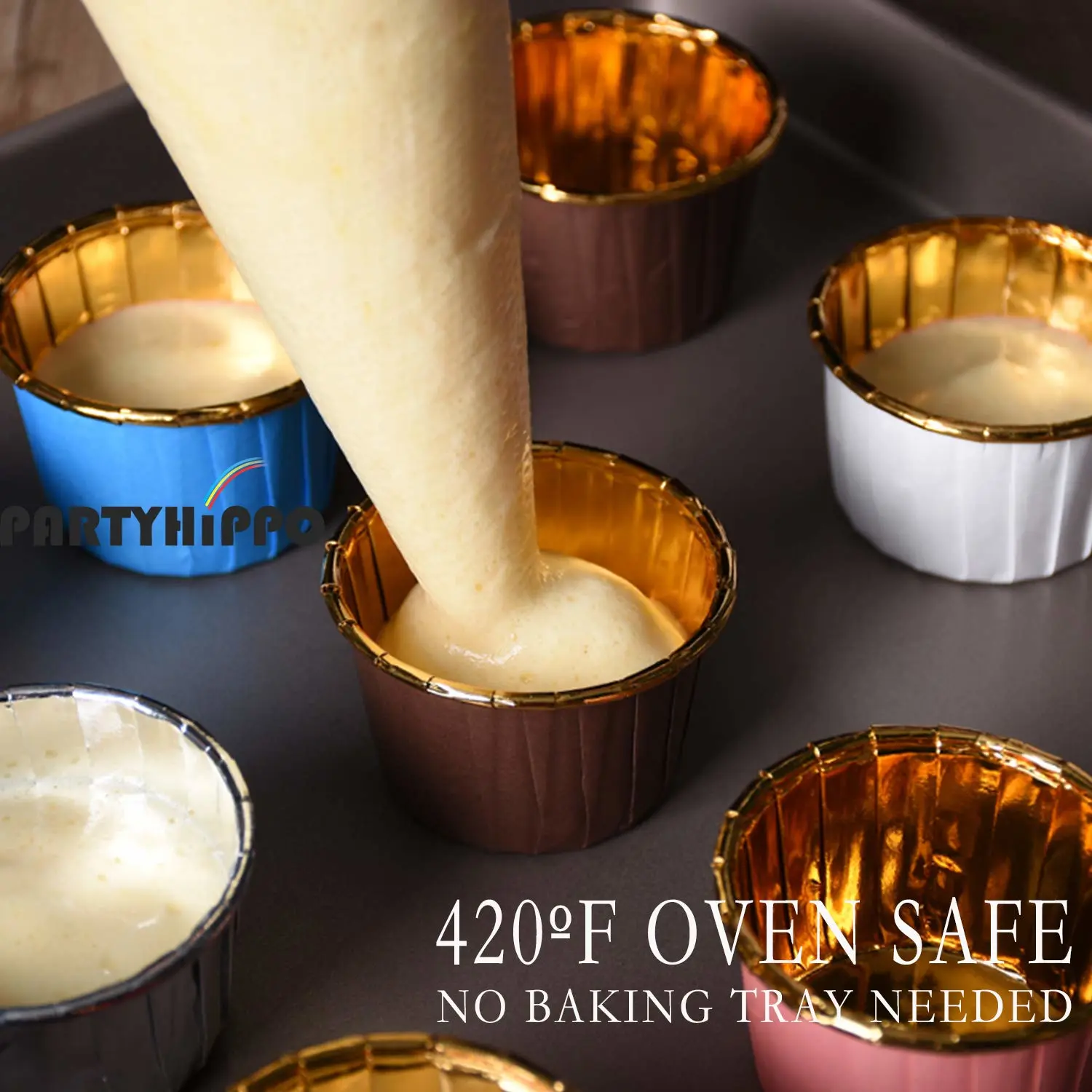 Party Hippo Cupcake Cups, 3.5 Oz 100 pcs Disposable Foil Muffin Liners, Gold Baking Cups, Ramekin Aluminum Cupcake Tip Pan Ramekin Holders, Little Baking Cups (Blue) (50, Lids)