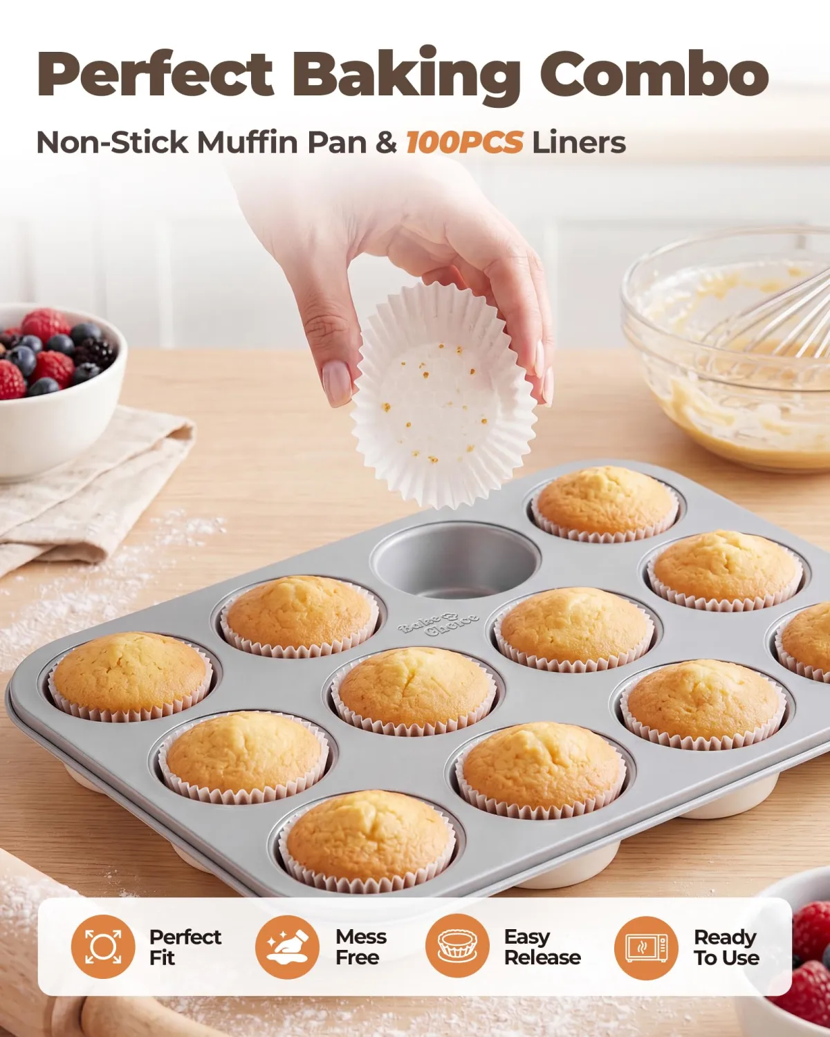 Bake Choice Muffin Pan for Baking, Standard Cupcake Pan, Cream Gray