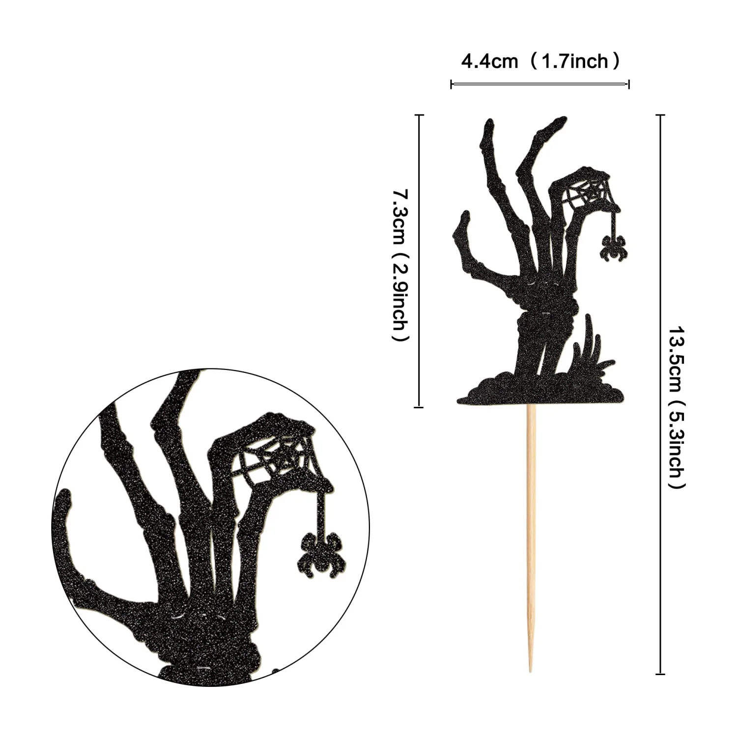 24Pcs Halloween Cupcake Toppers Glitter Black Skeleton Hand Cupcake Picks
