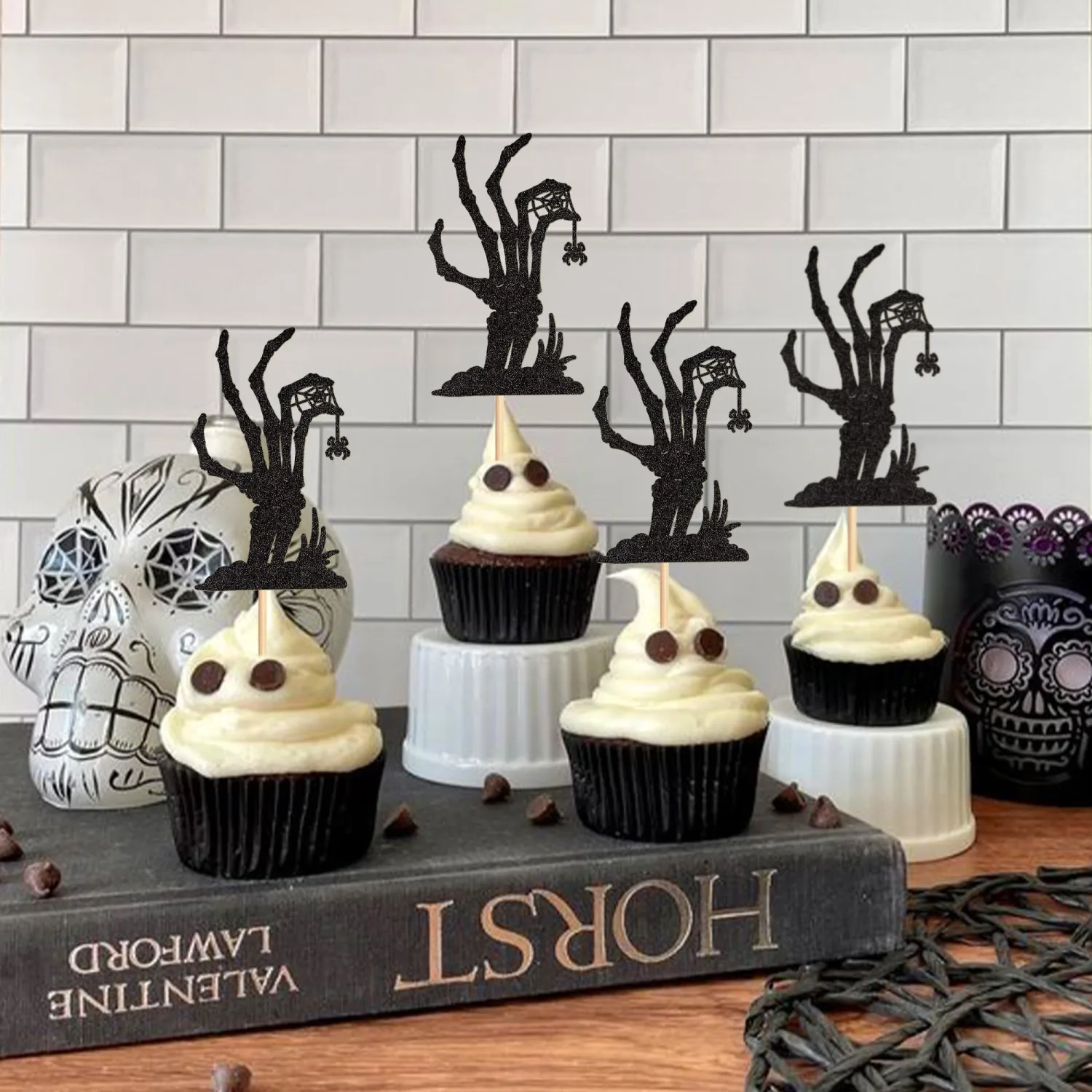 24Pcs Halloween Cupcake Toppers Glitter Black Skeleton Hand Cupcake Picks