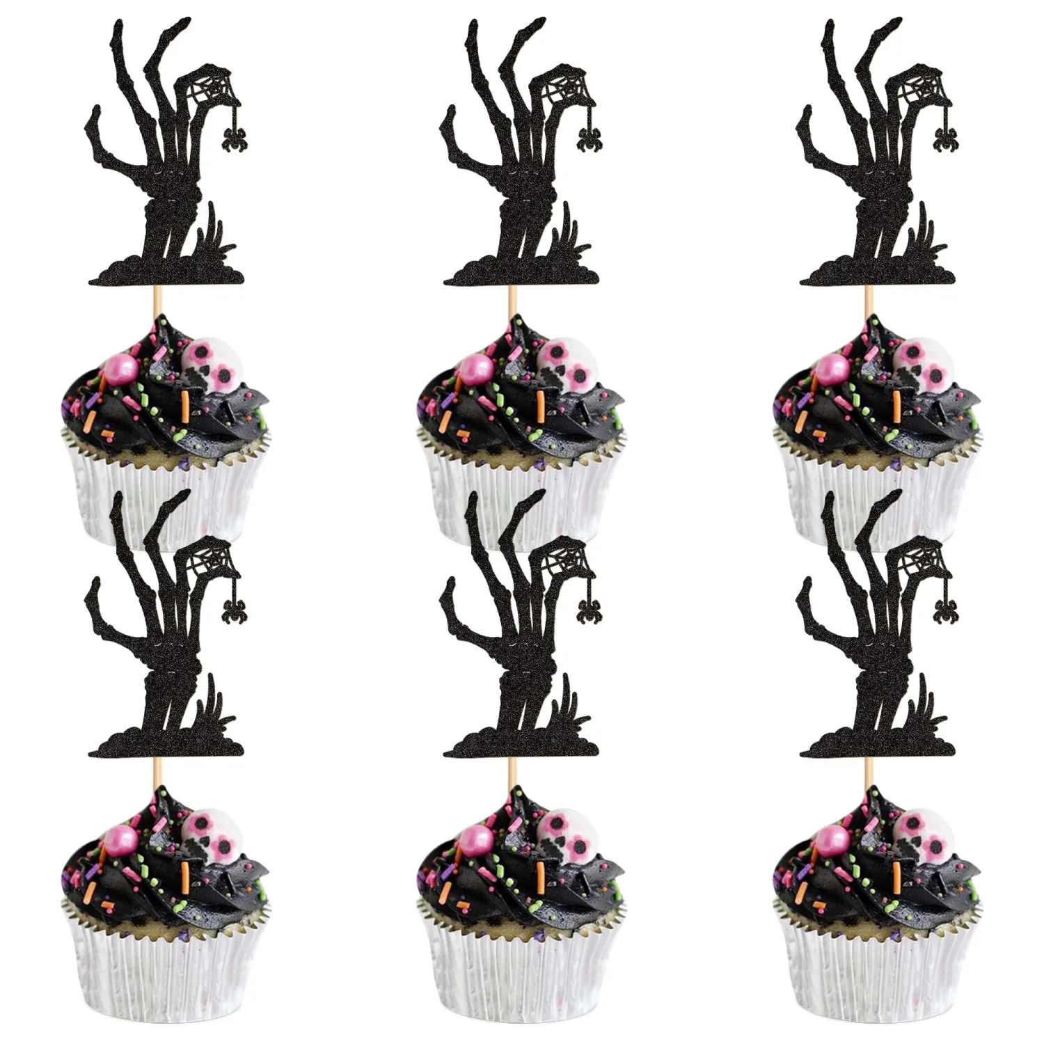 24Pcs Halloween Cupcake Toppers Glitter Black Skeleton Hand Cupcake Picks