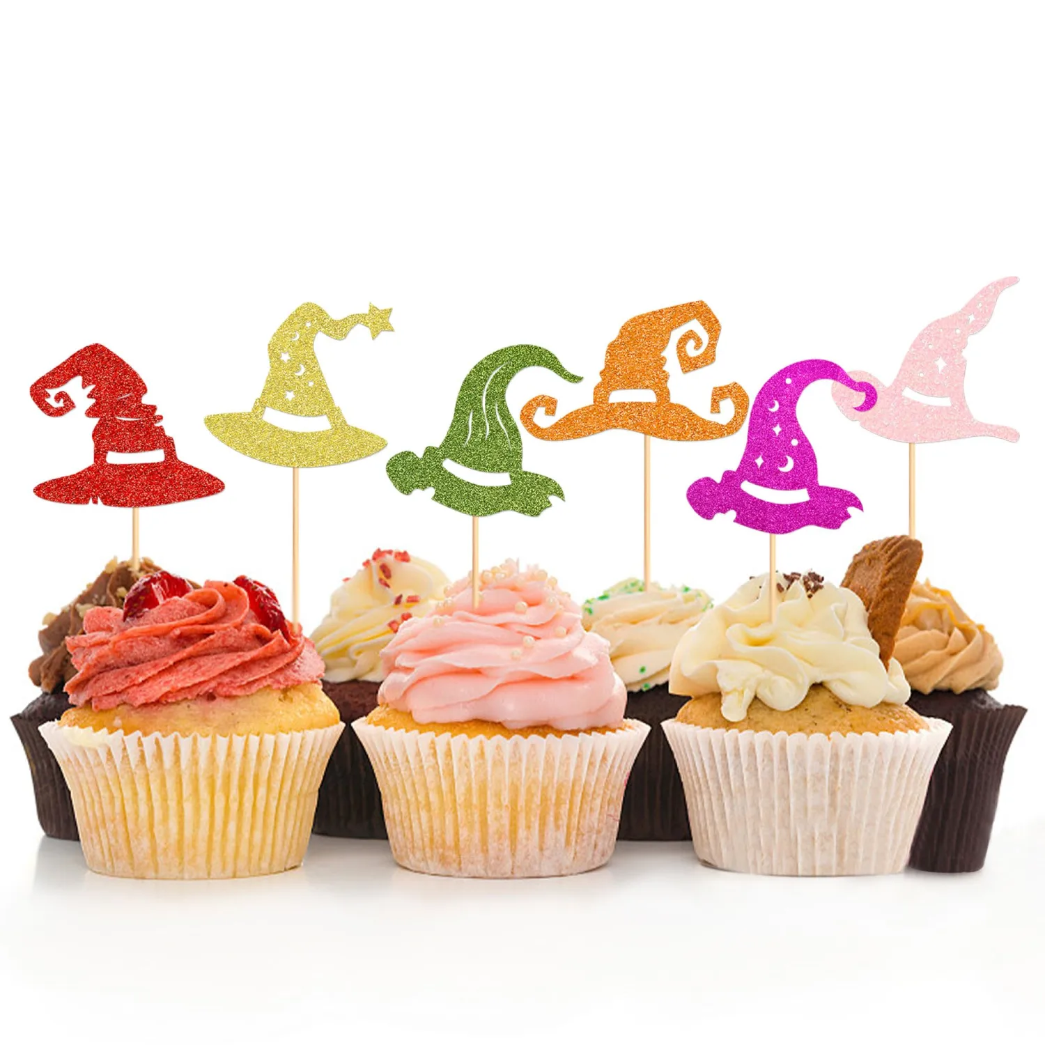 24Pcs Colorful Witch Hat & Wizard Hat Cupcake Toppers Halloween Picks