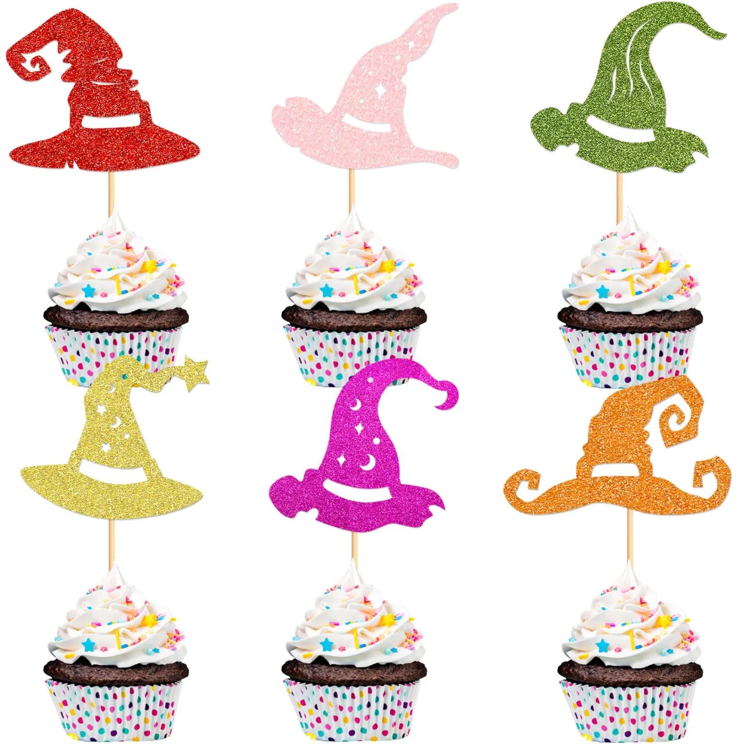 24Pcs Colorful Witch Hat & Wizard Hat Cupcake Toppers Halloween Picks