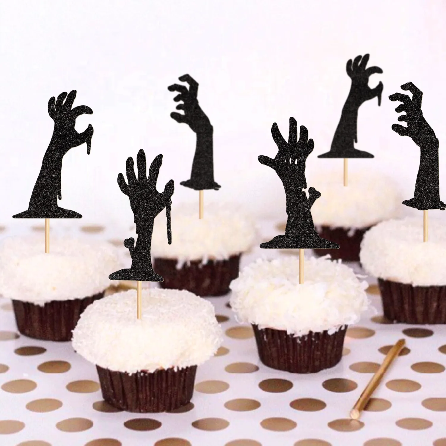 28Pcs Halloween Cupcake Toppers Glitter Black Zombie Hand Cupcake Picks