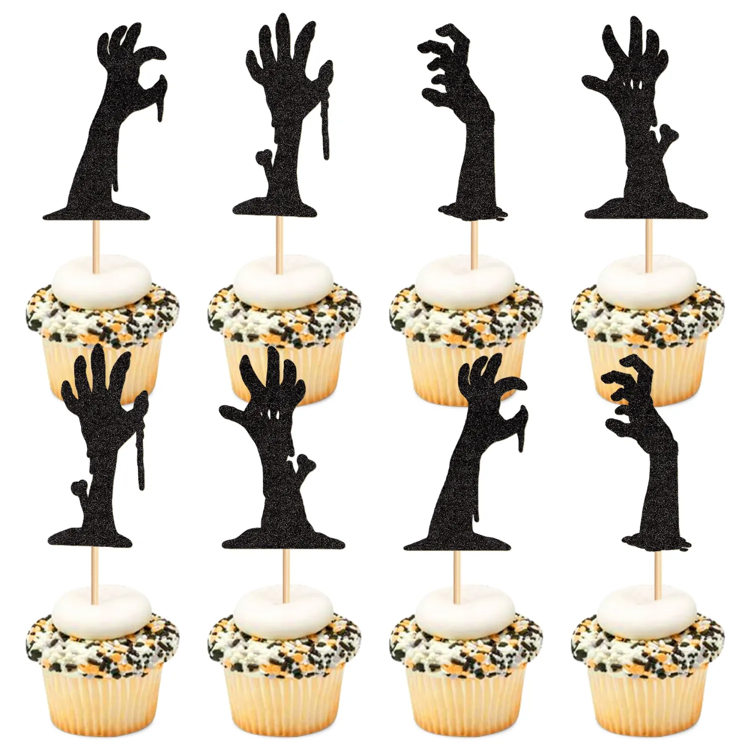 28Pcs Halloween Cupcake Toppers Glitter Black Zombie Hand Cupcake Picks