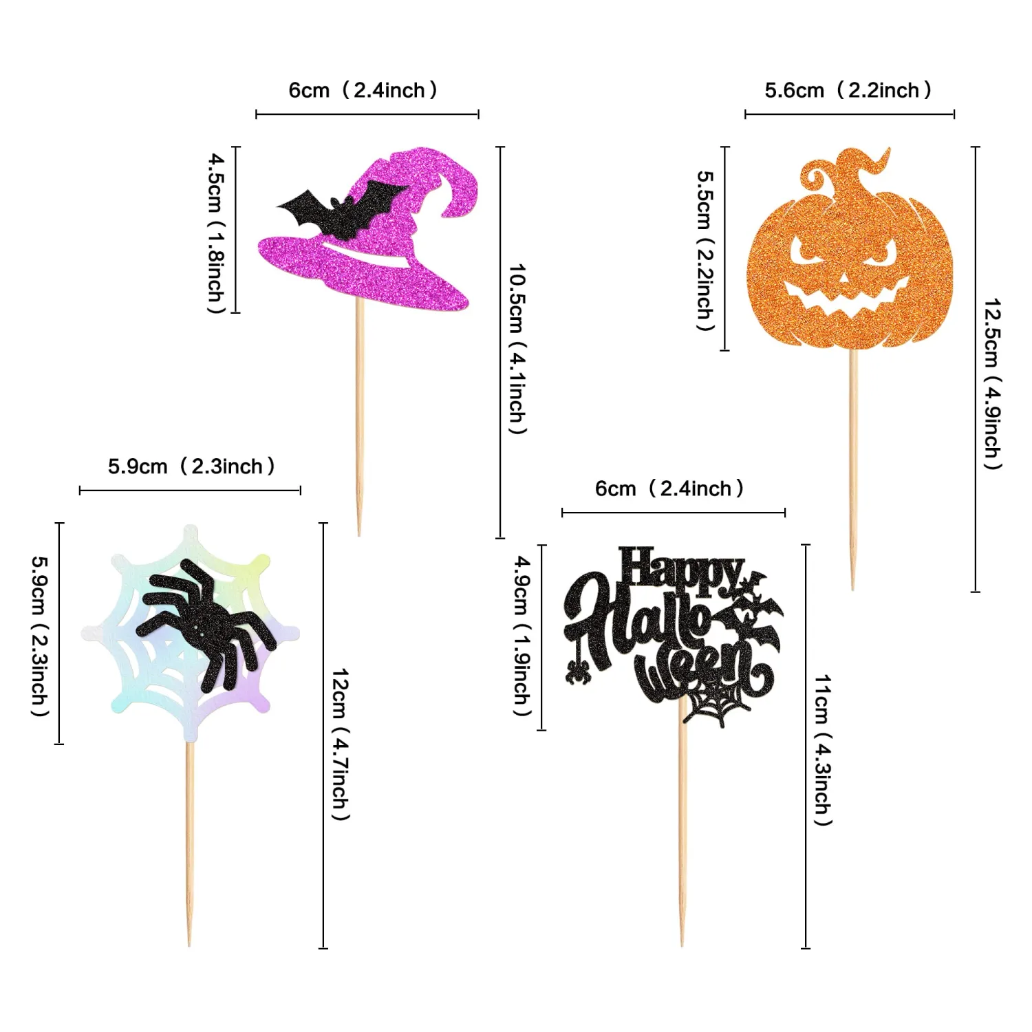 Ercadio 24Pcs Happy Halloween Cupcake Toppers Halloween Pumpkin Spider Bat Witch Hat Cake Decorations for Halloween Theme Baby shower Kids Birthday Party Supplies, Orange
