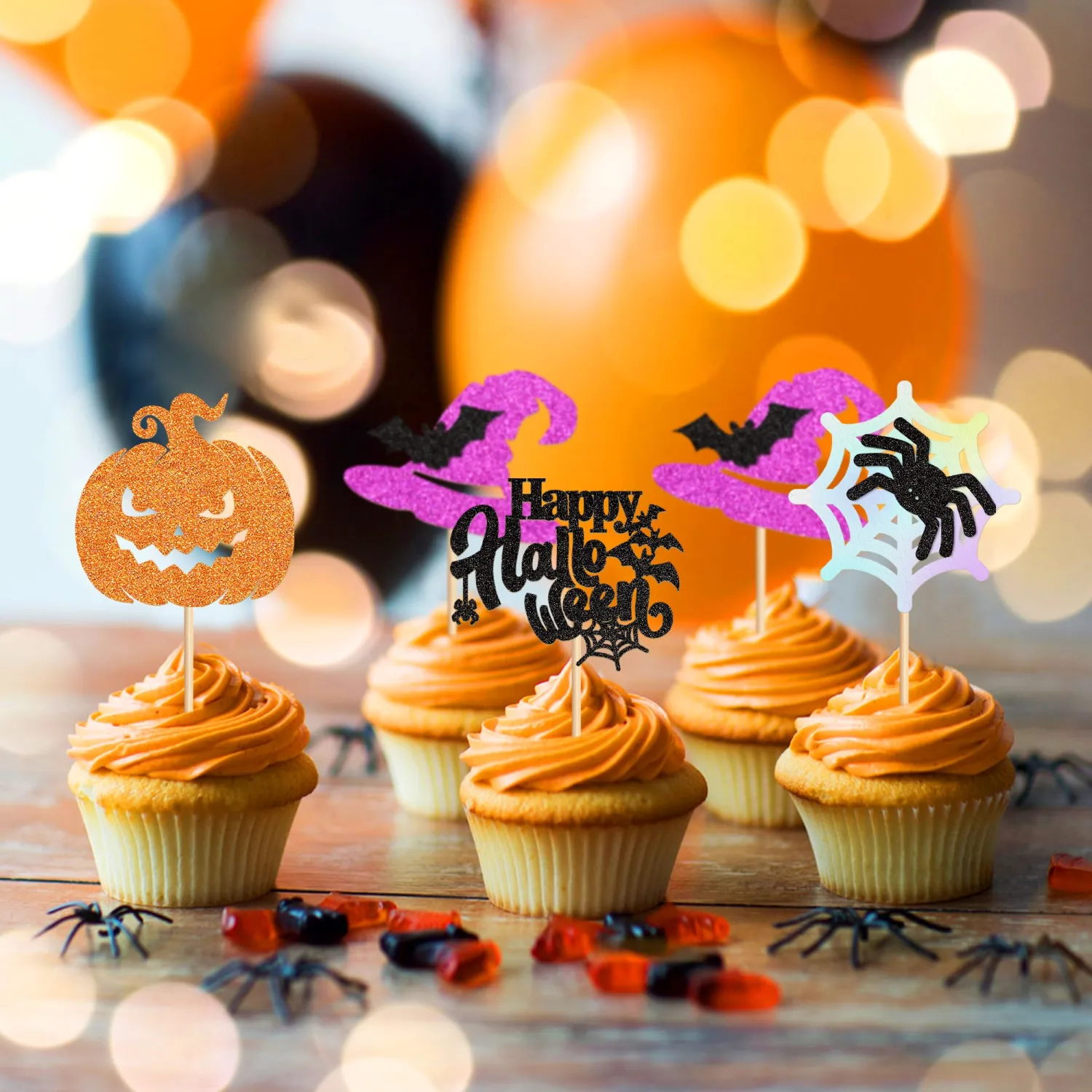 Ercadio 24Pcs Happy Halloween Cupcake Toppers Halloween Pumpkin Spider Bat Witch Hat Cake Decorations for Halloween Theme Baby shower Kids Birthday Party Supplies, Orange