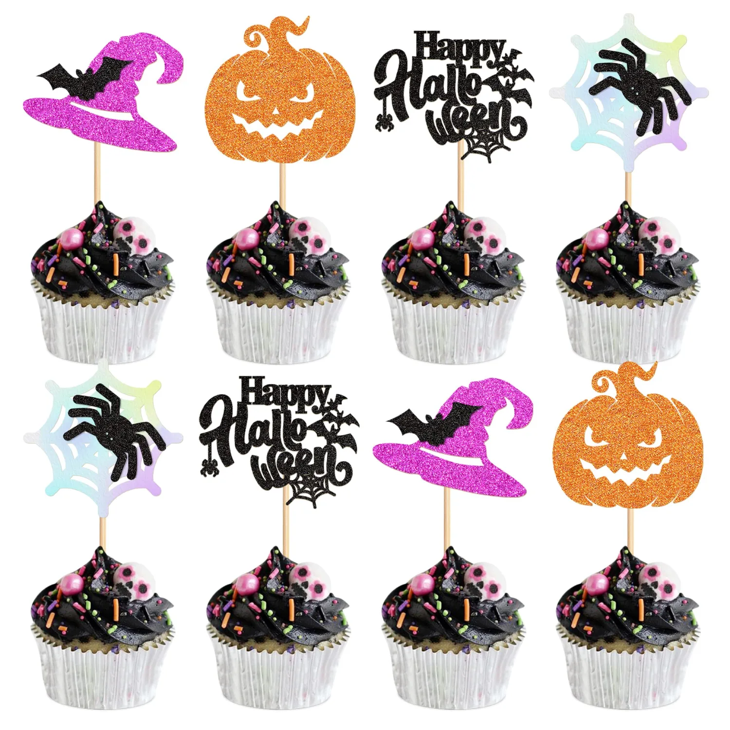 Ercadio 24Pcs Happy Halloween Cupcake Toppers Halloween Pumpkin Spider Bat Witch Hat Cake Decorations for Halloween Theme Baby shower Kids Birthday Party Supplies, Orange