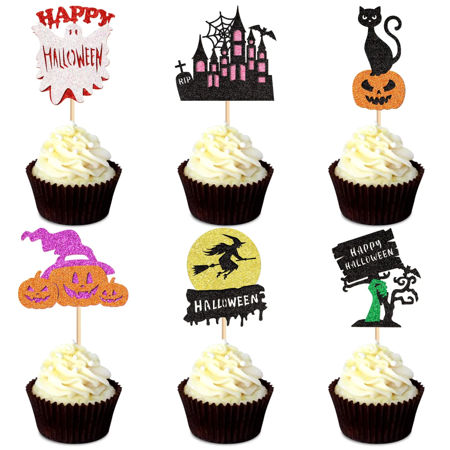 Ercadio 30Pcs Happy Halloween Cupcake Toppers Witch Pumpkin Black House Bats Cats Cupcake Picks for Gender Reveal Halloween Birthday Cupcake Decorations Halloween Party Supplies