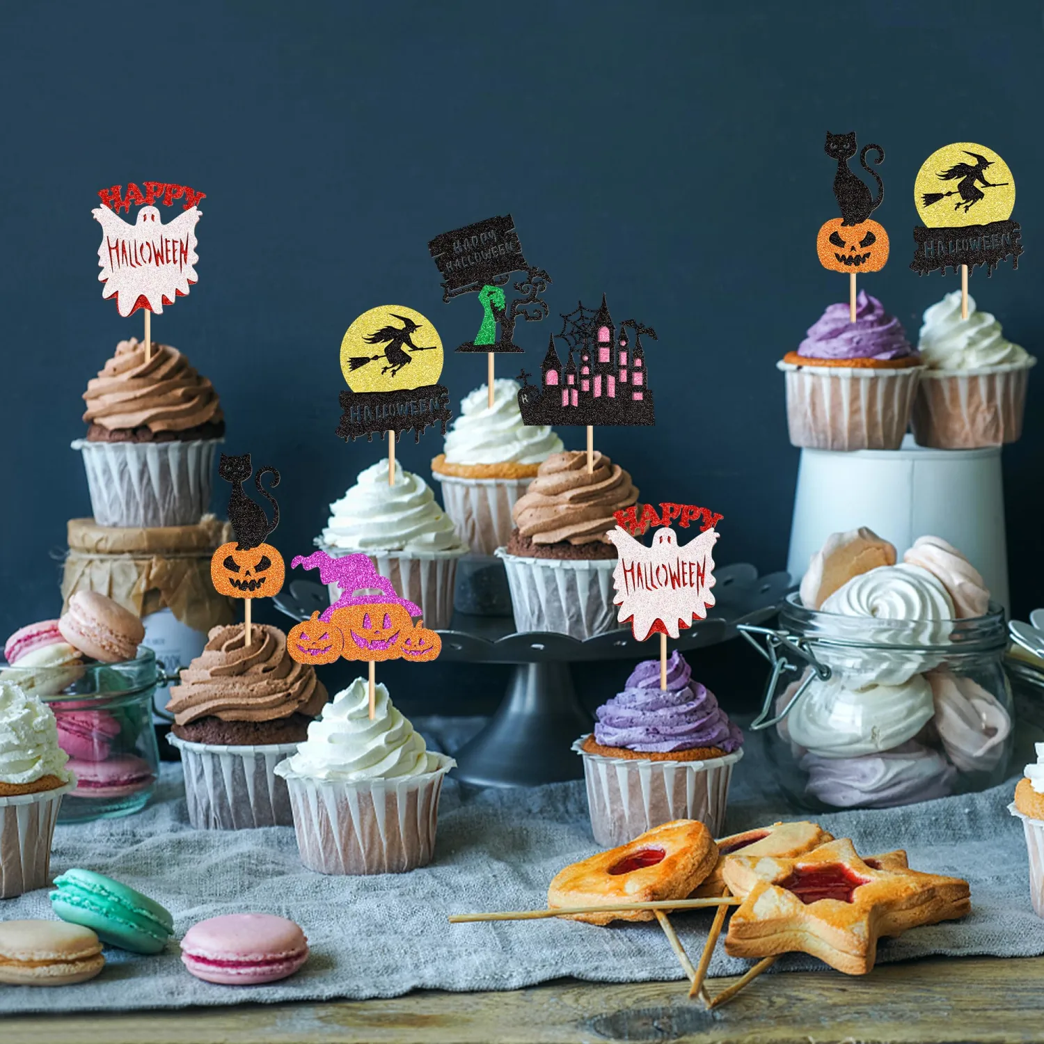 Ercadio 30Pcs Happy Halloween Cupcake Toppers Witch Pumpkin Black House Bats Cats Cupcake Picks for Gender Reveal Halloween Birthday Cupcake Decorations Halloween Party Supplies