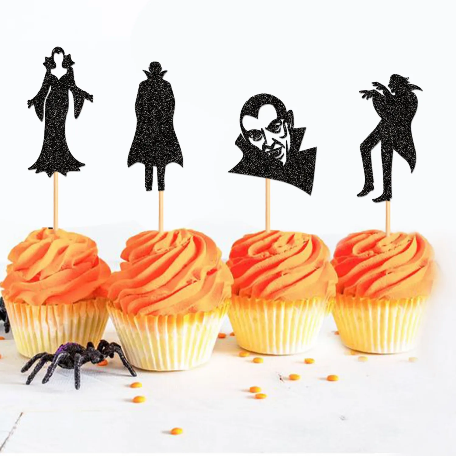 24Pcs Glitter Black Vampire Cupcake Toppers Halloween Cupcake Picks