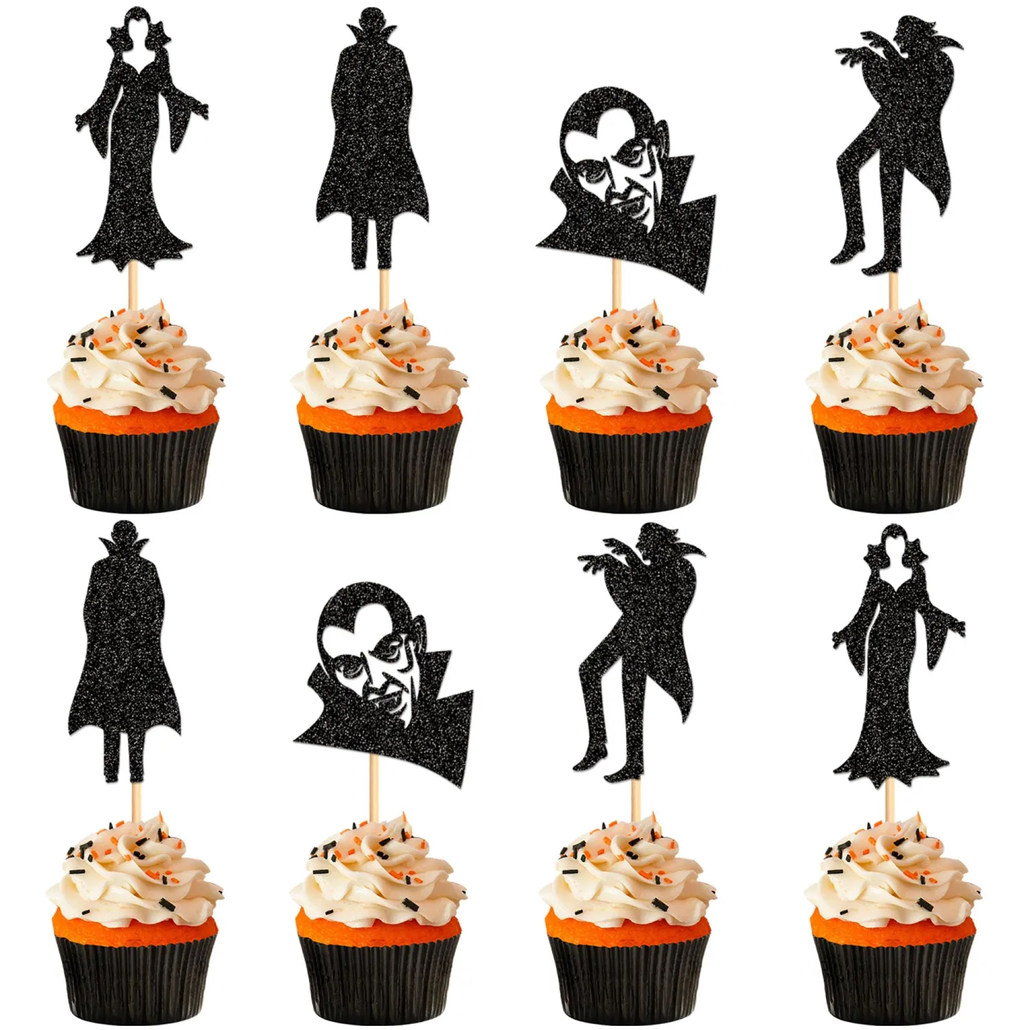 24Pcs Glitter Black Vampire Cupcake Toppers Halloween Cupcake Picks