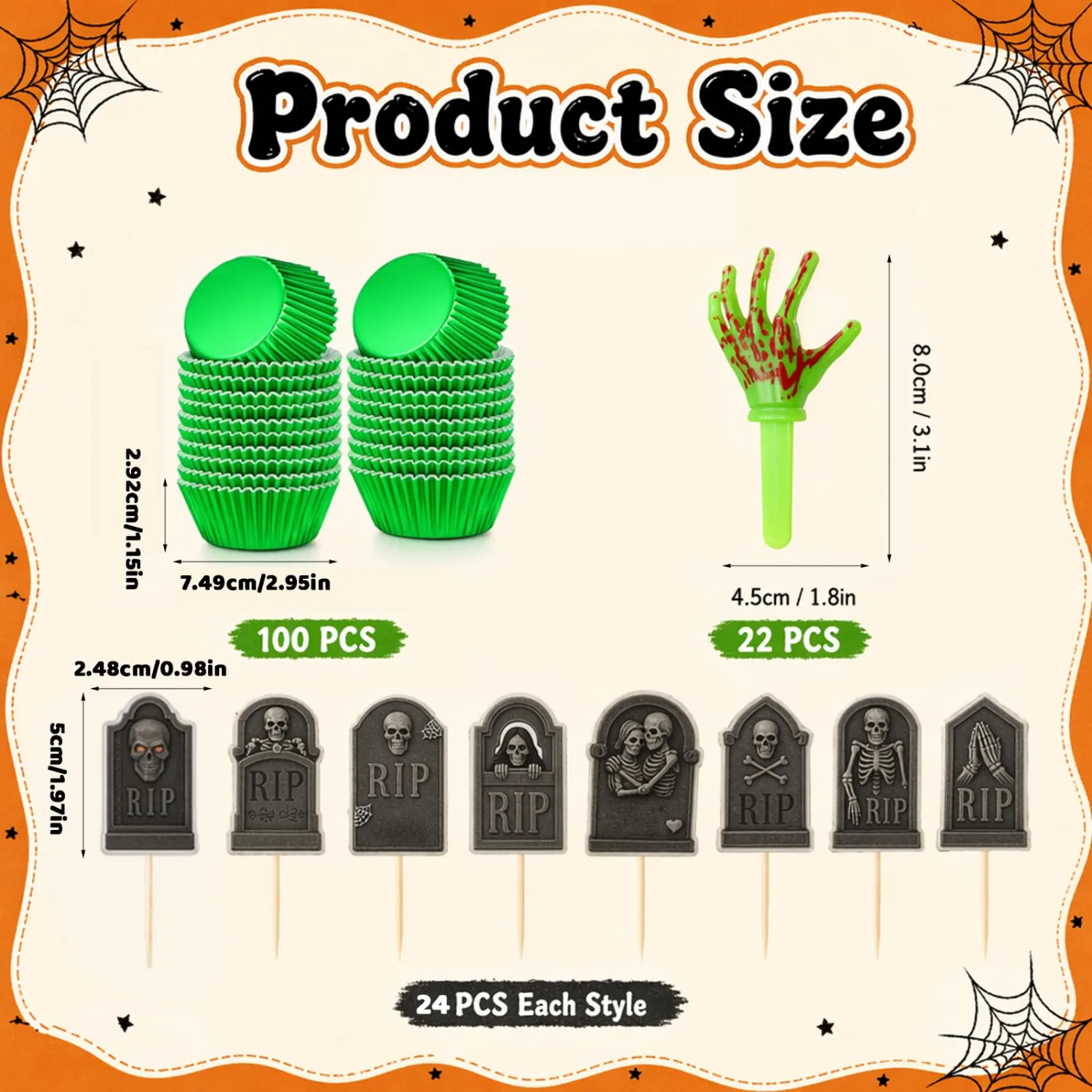 22-Pack Zombie Hands Cupcake Toppers, Halloween Cake Decor Liners