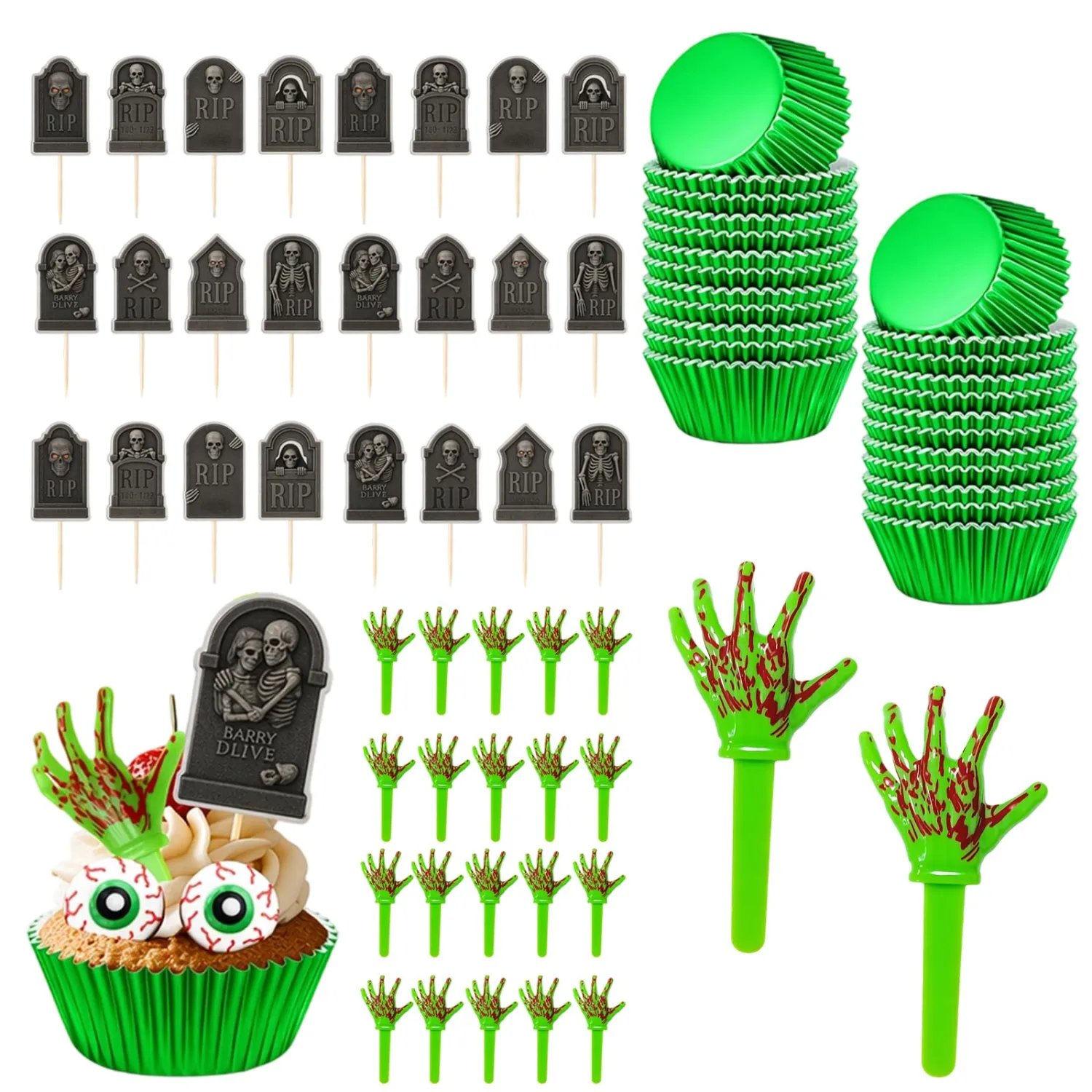 22-Pack Zombie Hands Cupcake Toppers, Halloween Cake Decor Liners