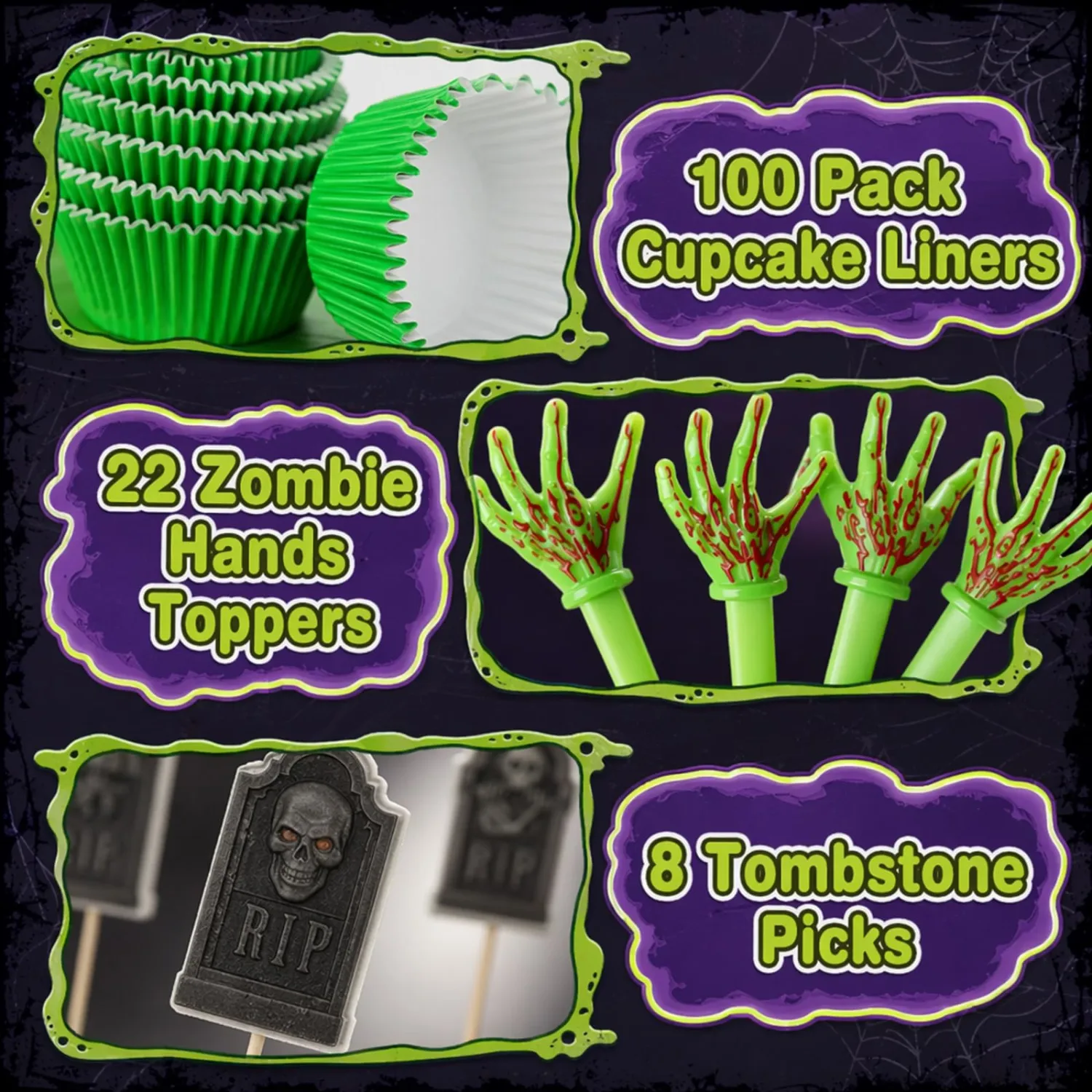 22-Pack Zombie Hands Cupcake Toppers, Halloween Cake Decor Liners