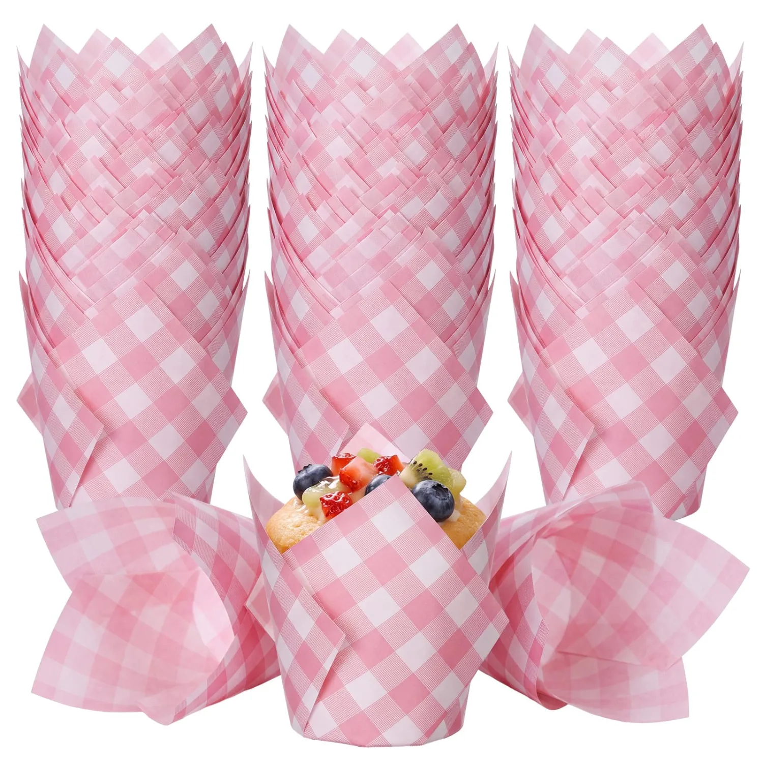 Newtay 100 Pcs Pink Gingham Tulip Cupcake Liner for Muffin Baking Cup