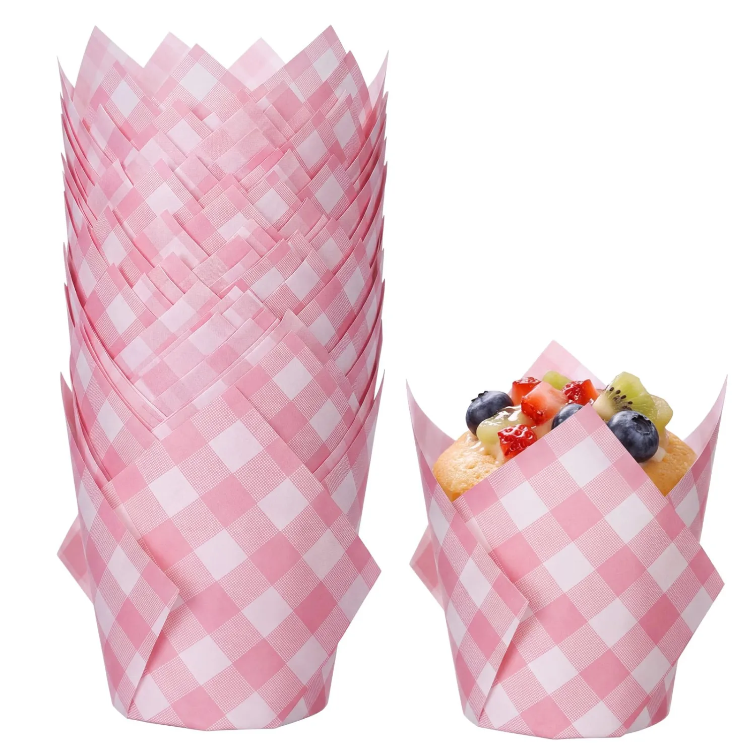 Newtay 50 Pcs Pink Gingham Tulip Cupcake Liner for Muffin Baking Cup
