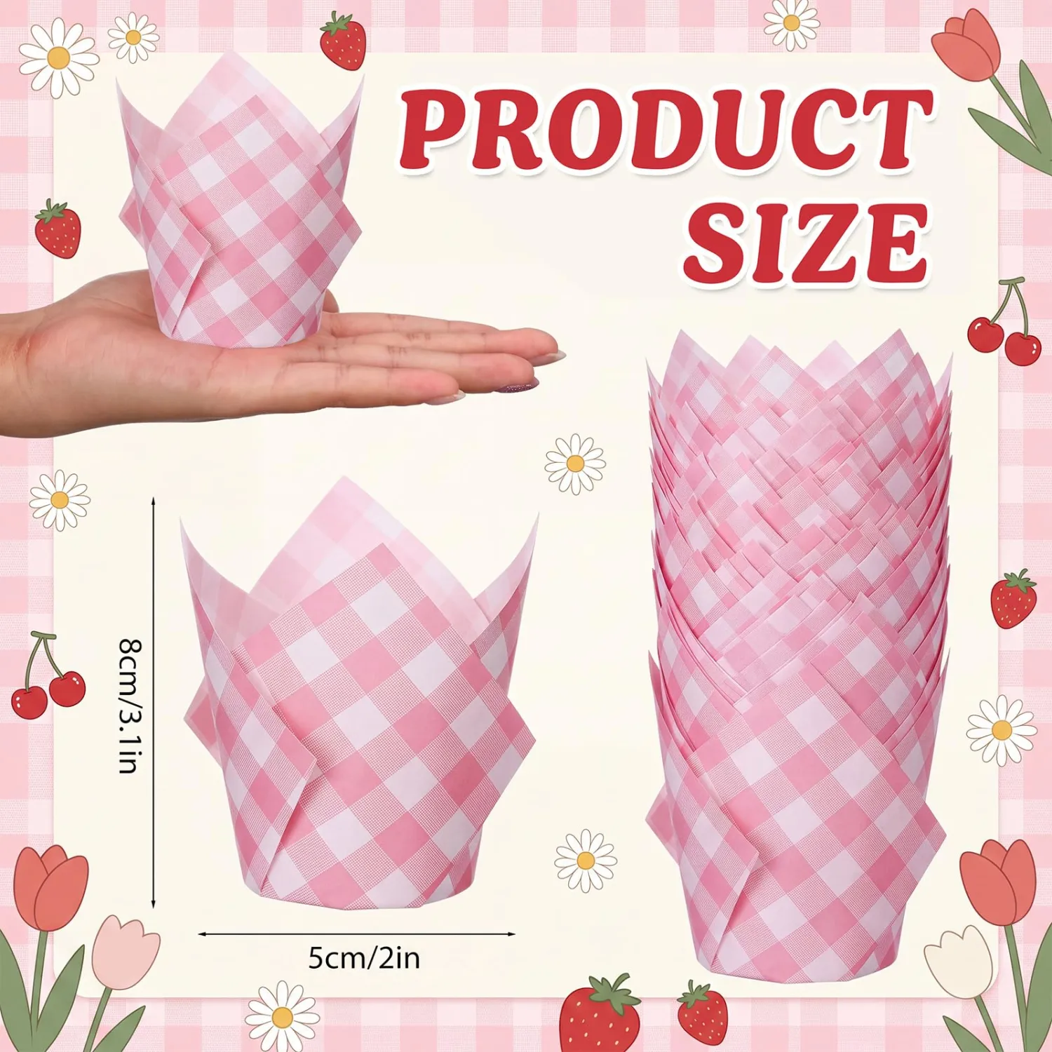 Newtay 50 Pcs Pink Gingham Tulip Cupcake Liner for Muffin Baking Cup